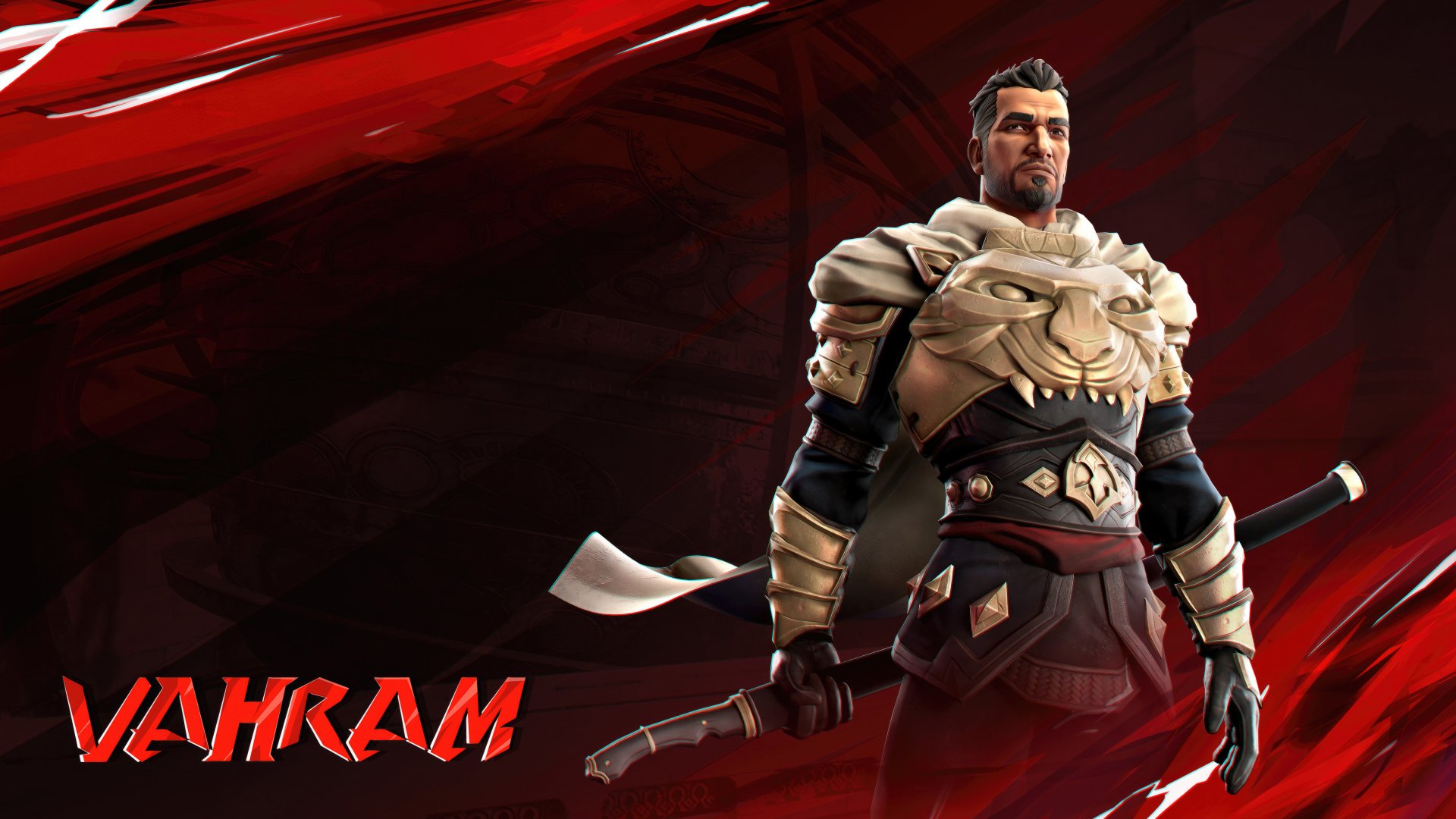 HD desktop wallpaper featuring the character Vahram from the video game Prince of Persia: The Lost Crown, against an artistic red background.