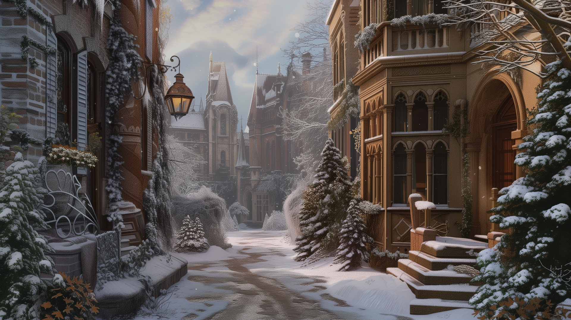 A serene snowy cityscape featuring a quiet road lined with charming buildings and winter trees, creating a picturesque backdrop for a HD desktop wallpaper.