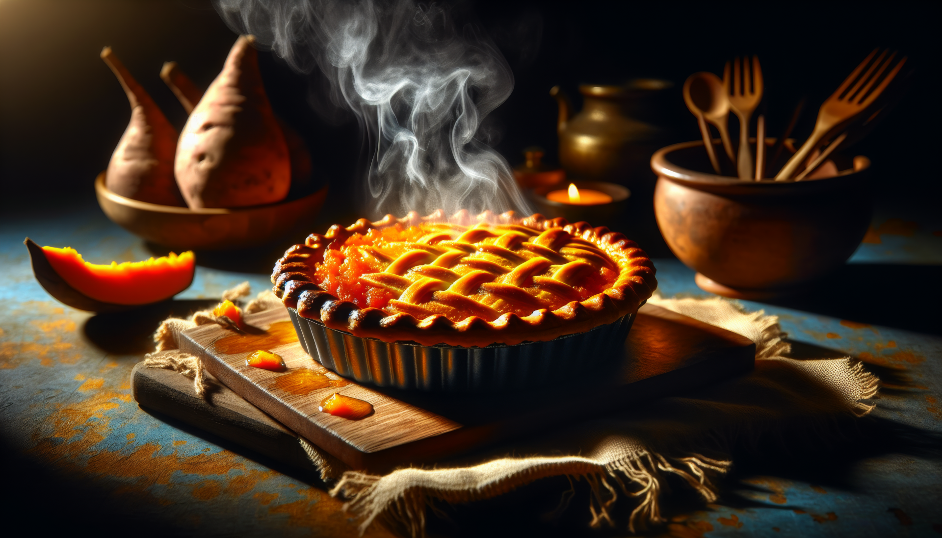 A steaming sweet potato pie sits on a wooden board, surrounded by decorative utensils and fresh sweet potatoes, creating a warm and inviting desktop wallpaper.