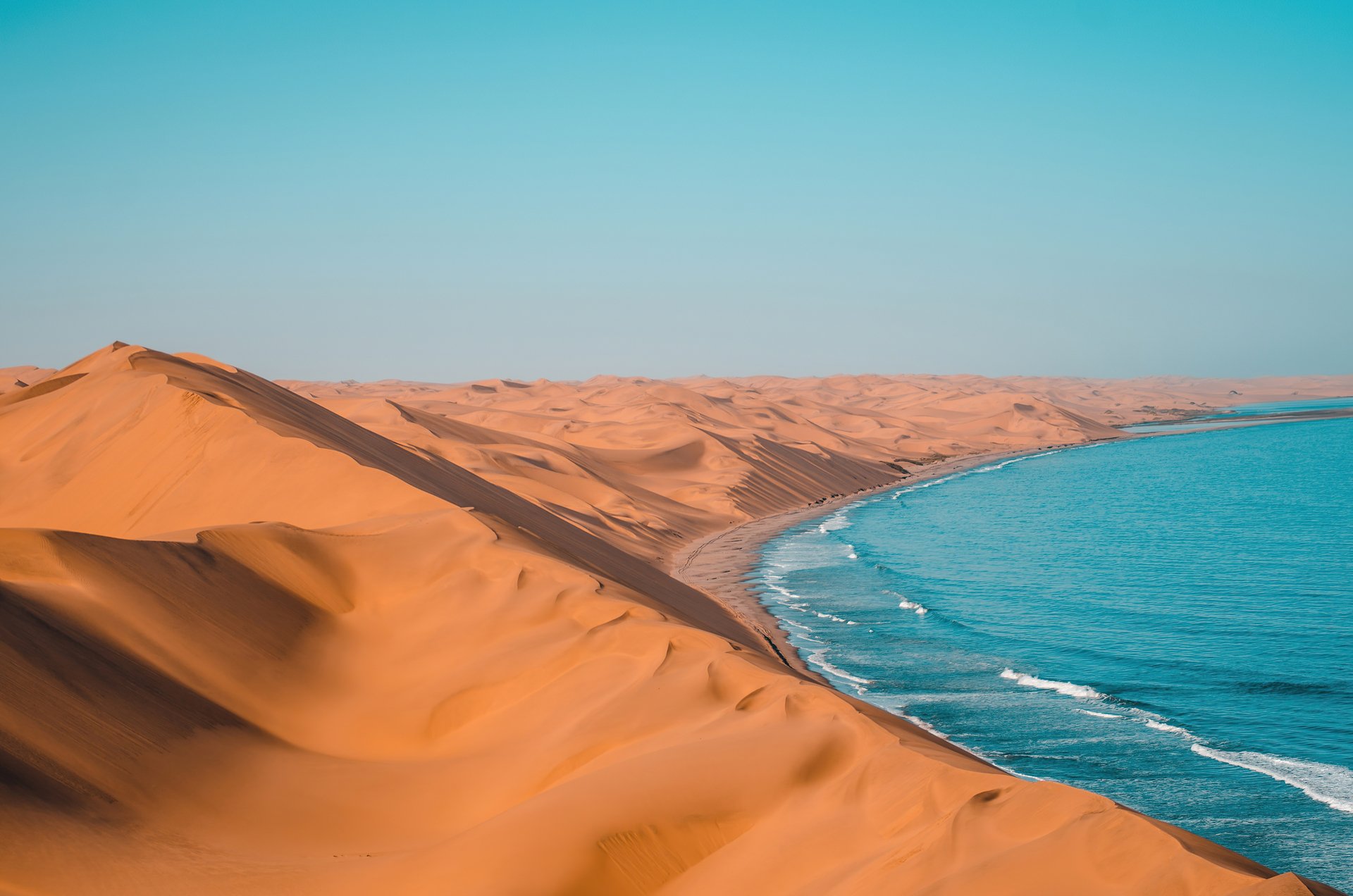 HD wallpaper of a serene desert landscape with rolling sand dunes adjacent to a tranquil blue sea.