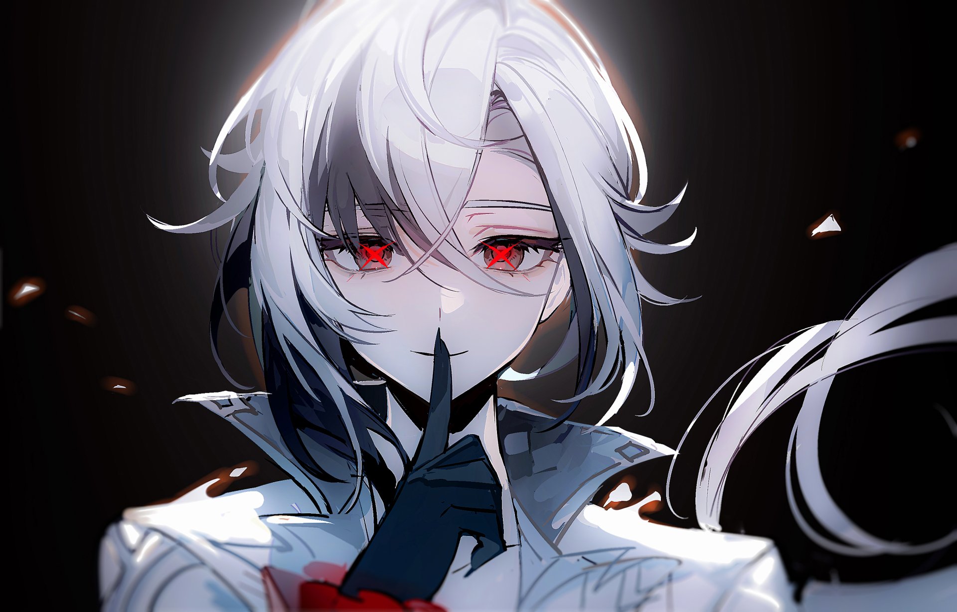 HD PC desktop wallpaper featuring Arlecchino from Genshin Impact, showcasing the character’s striking white hair and red eyes against a dark background.