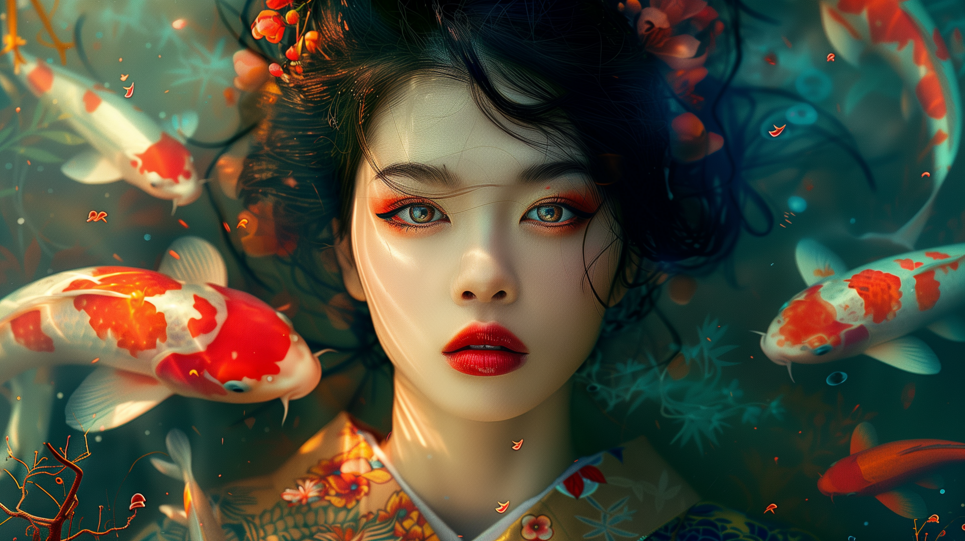 HD PC desktop wallpaper featuring an AI art portrait of a geisha surrounded by vibrant koi fish in a serene, colorful underwater scene.