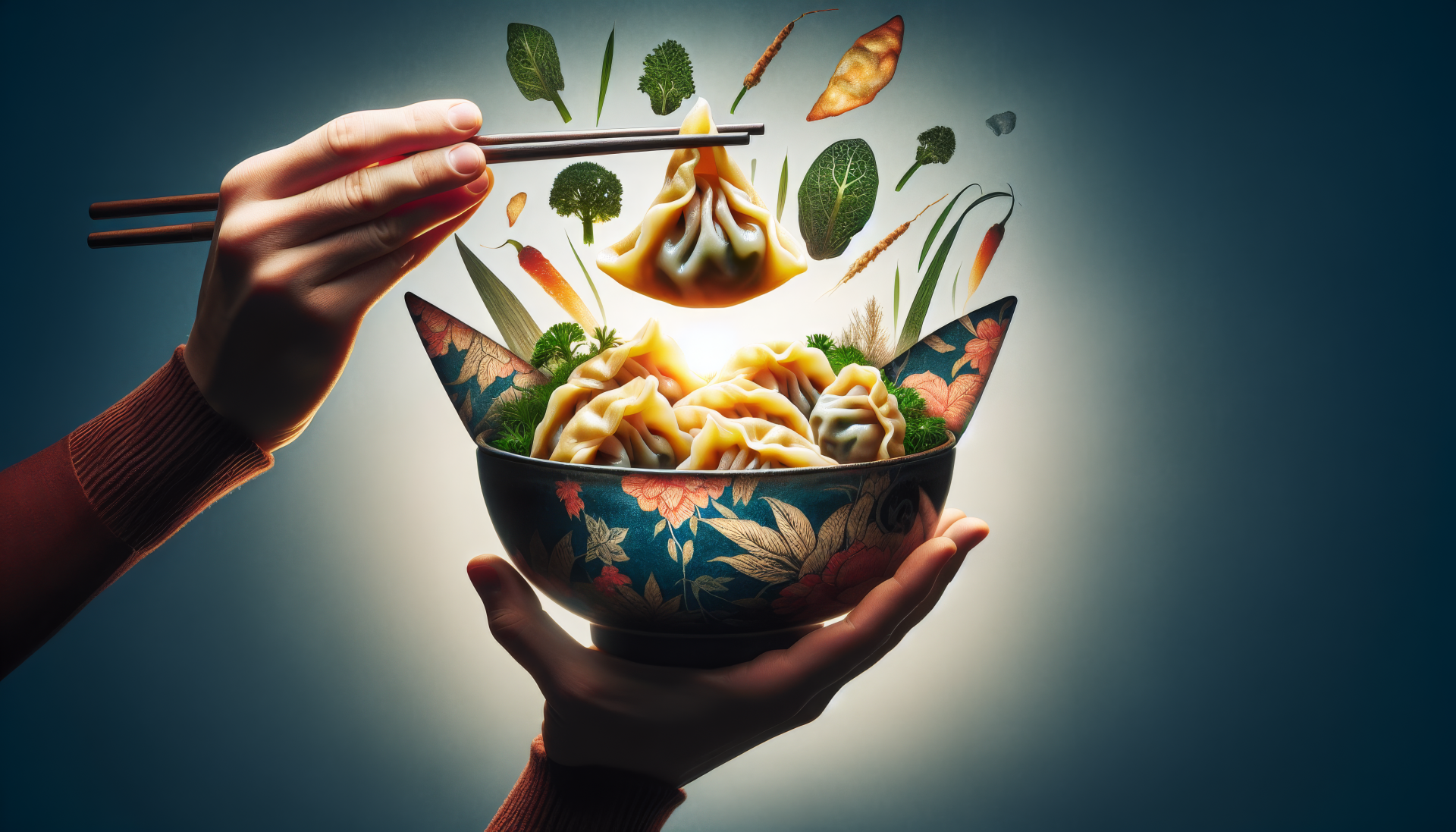 HD desktop wallpaper featuring a bowl of delicious potstickers being held and served with chopsticks, with herbs and spices floating dynamically around the bowl.