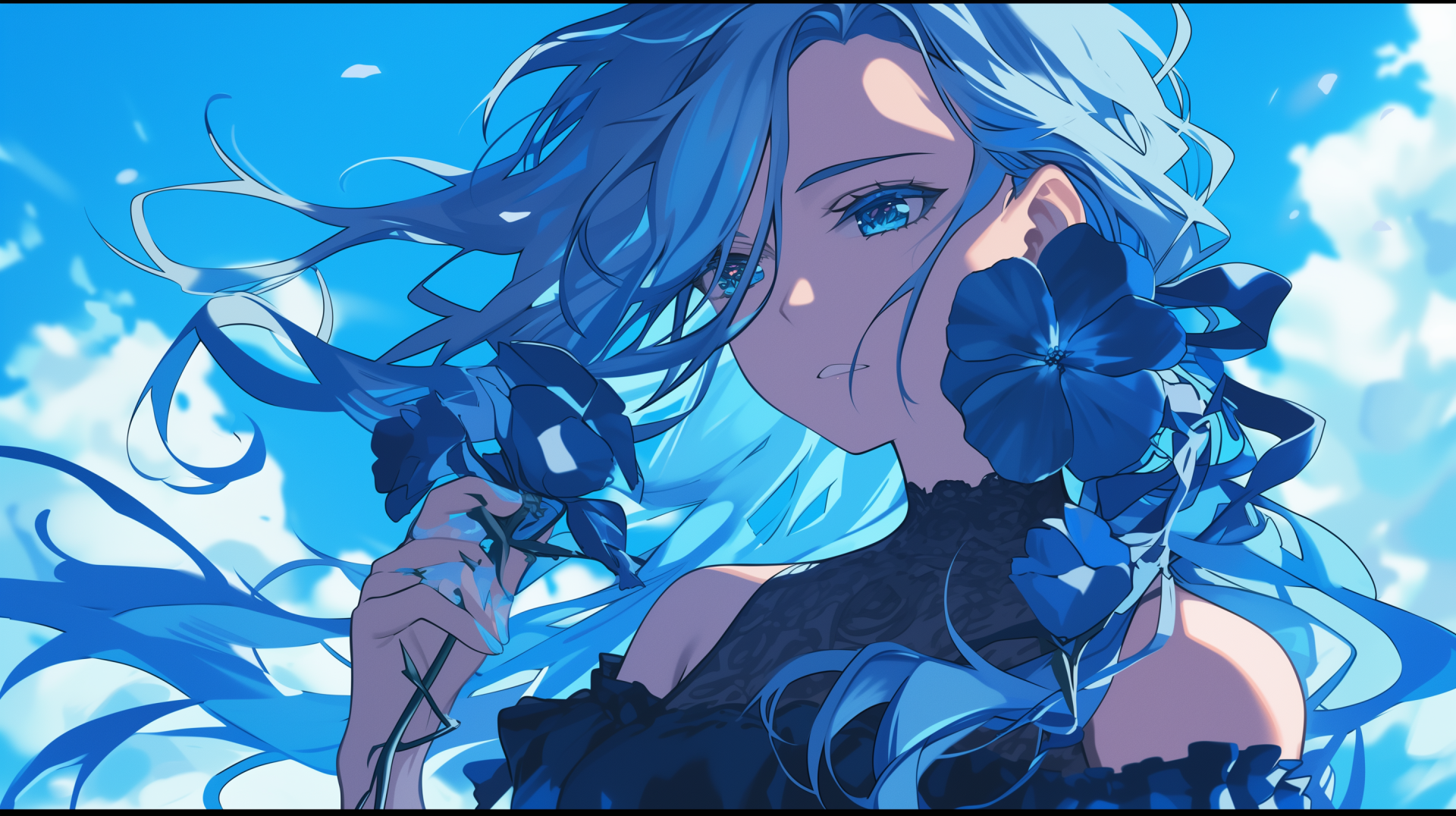 An anime girl with flowing blue hair holds blue flowers against a vibrant blue sky, capturing a serene blue aesthetic in this HD desktop wallpaper.