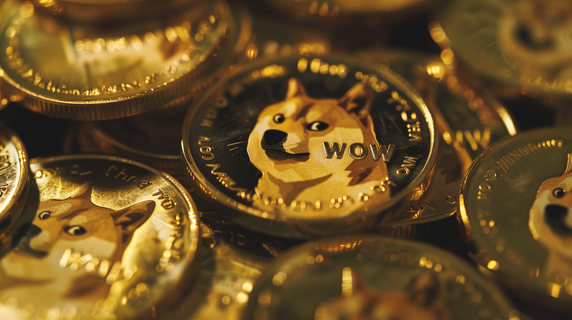 HD desktop wallpaper featuring a collection of golden Dogecoin cryptocurrency coins with the Shiba Inu mascot and WOW text.