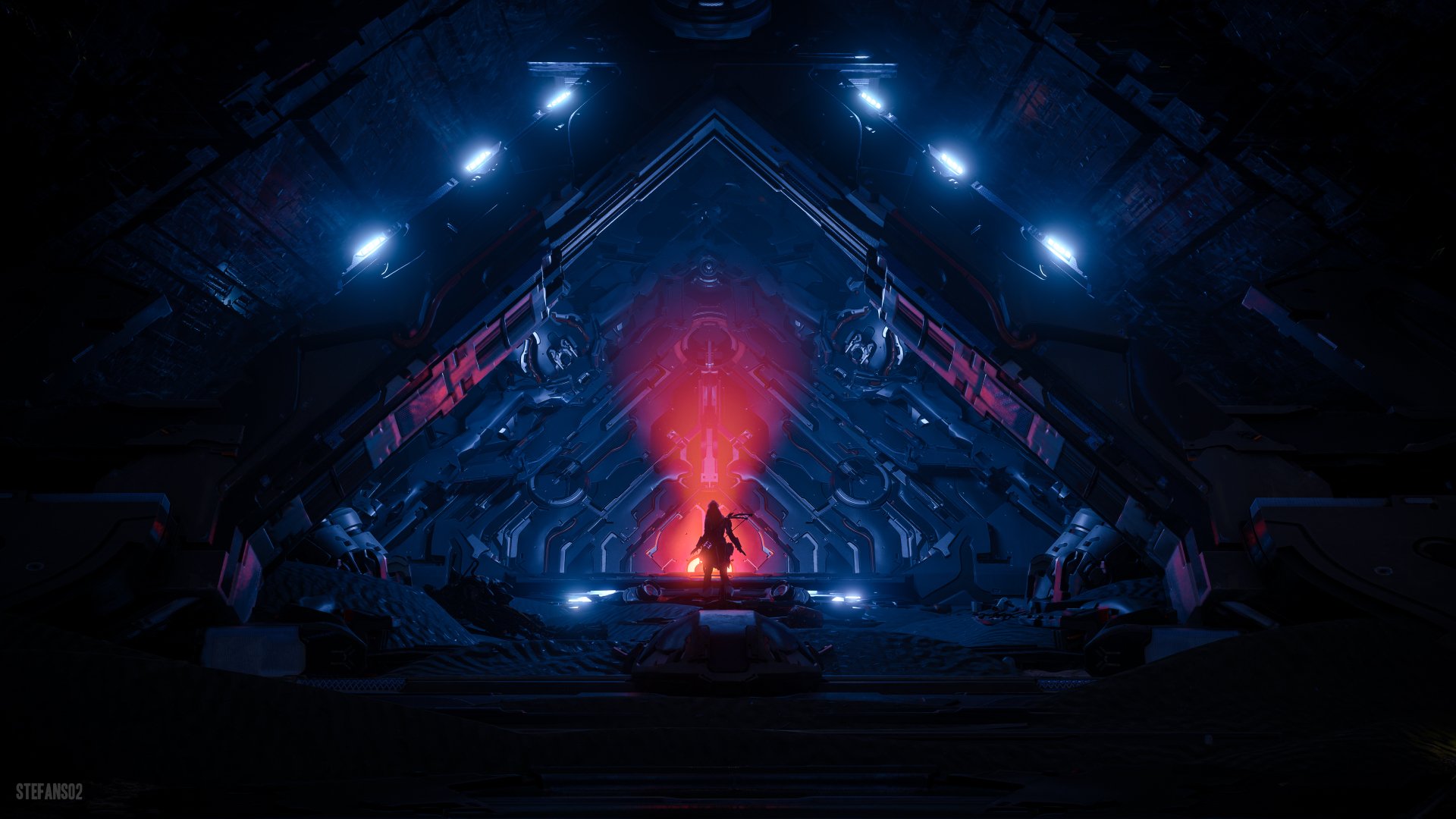 4K Ultra HD Horizon Forbidden West PC wallpaper featuring a lone figure illuminated by red and blue lights inside a futuristic, triangular chamber.