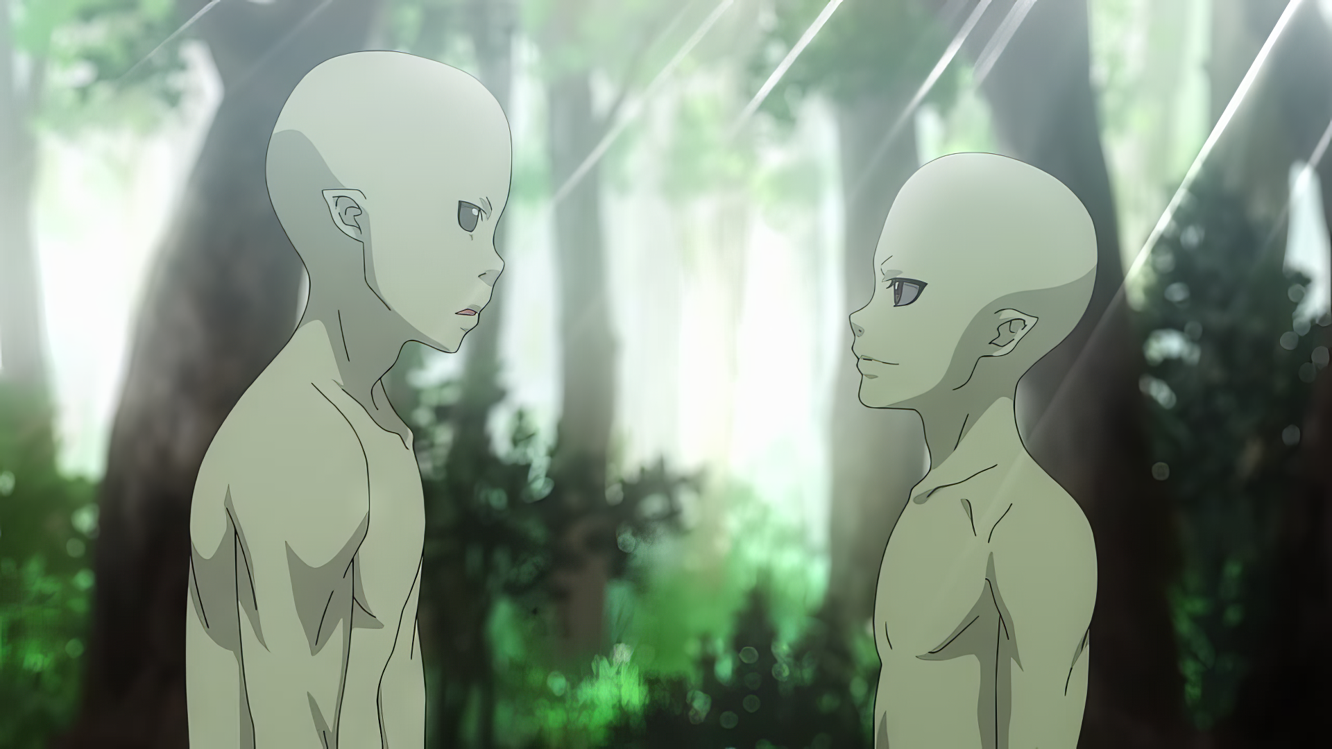 Anime wallpaper featuring two characters from Re:Monster set against a serene forest backdrop with sunbeams filtering through the trees, in HD for desktop backgrounds.