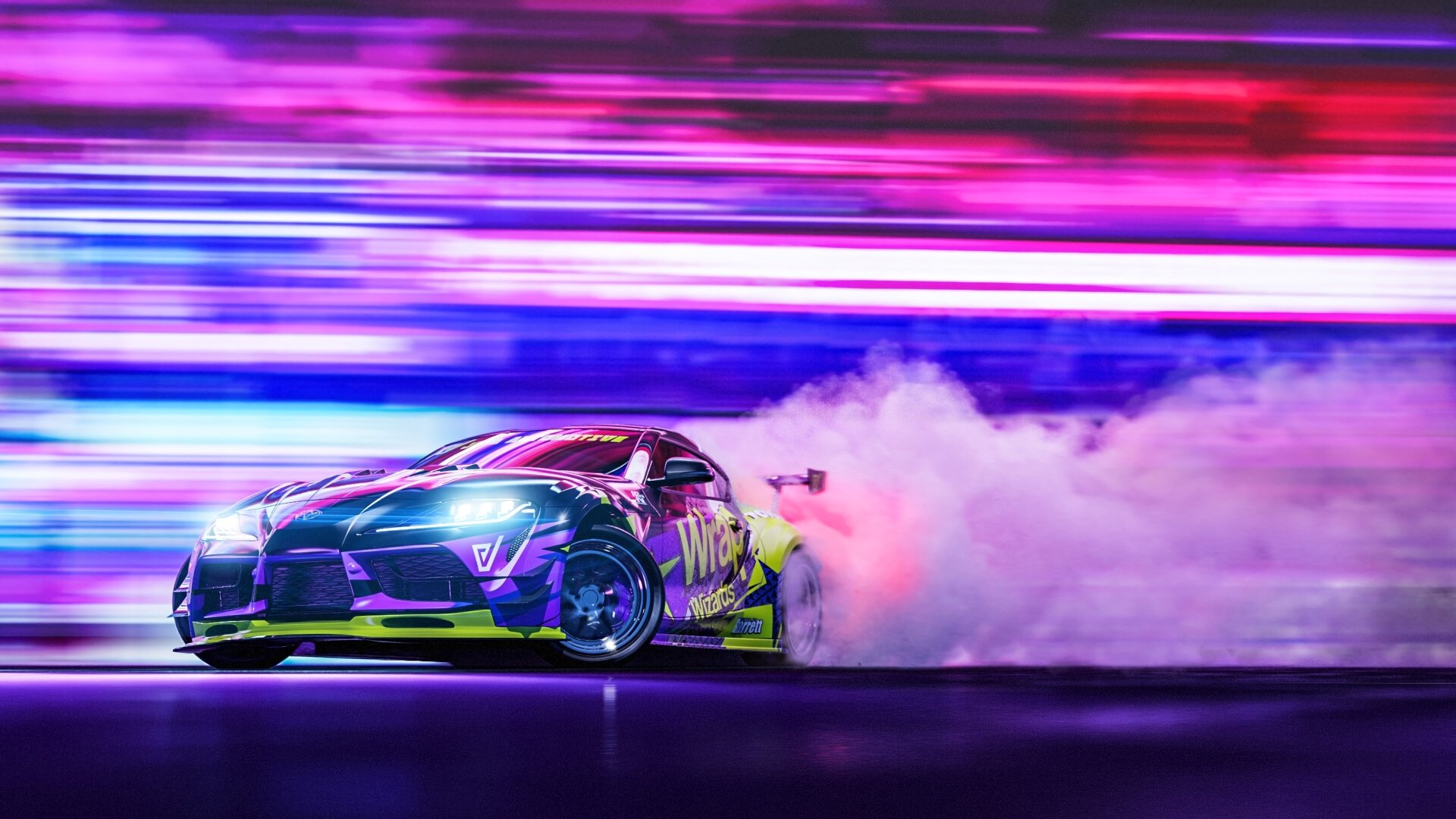 A vibrant Toyota Supra drifts through a neon-lit backdrop, leaving a cloud of smoke in its wake, creating a dynamic and captivating HD wallpaper.