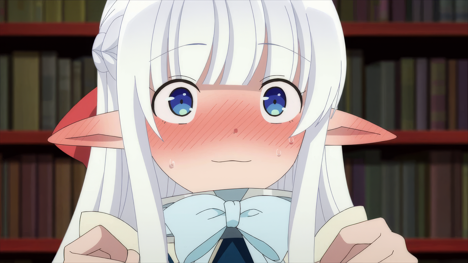 HD anime wallpaper featuring a character from An Archdemon's Dilemma: How to Love Your Elf Bride, portraying a blushing elf with white hair and blue eyes against a library background.