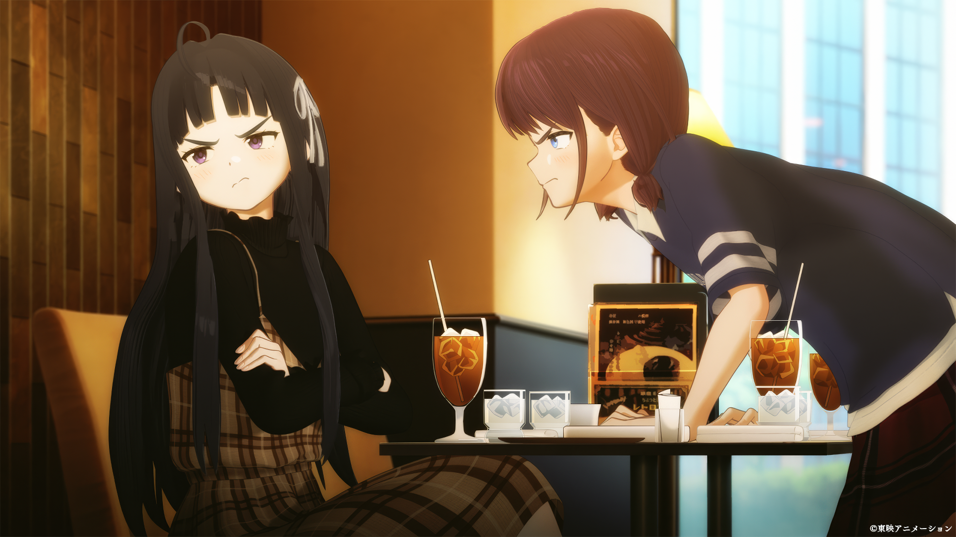 HD anime wallpaper of two girls from the band Girls Band Cry sitting at a cafe table with a warm golden ambiance.