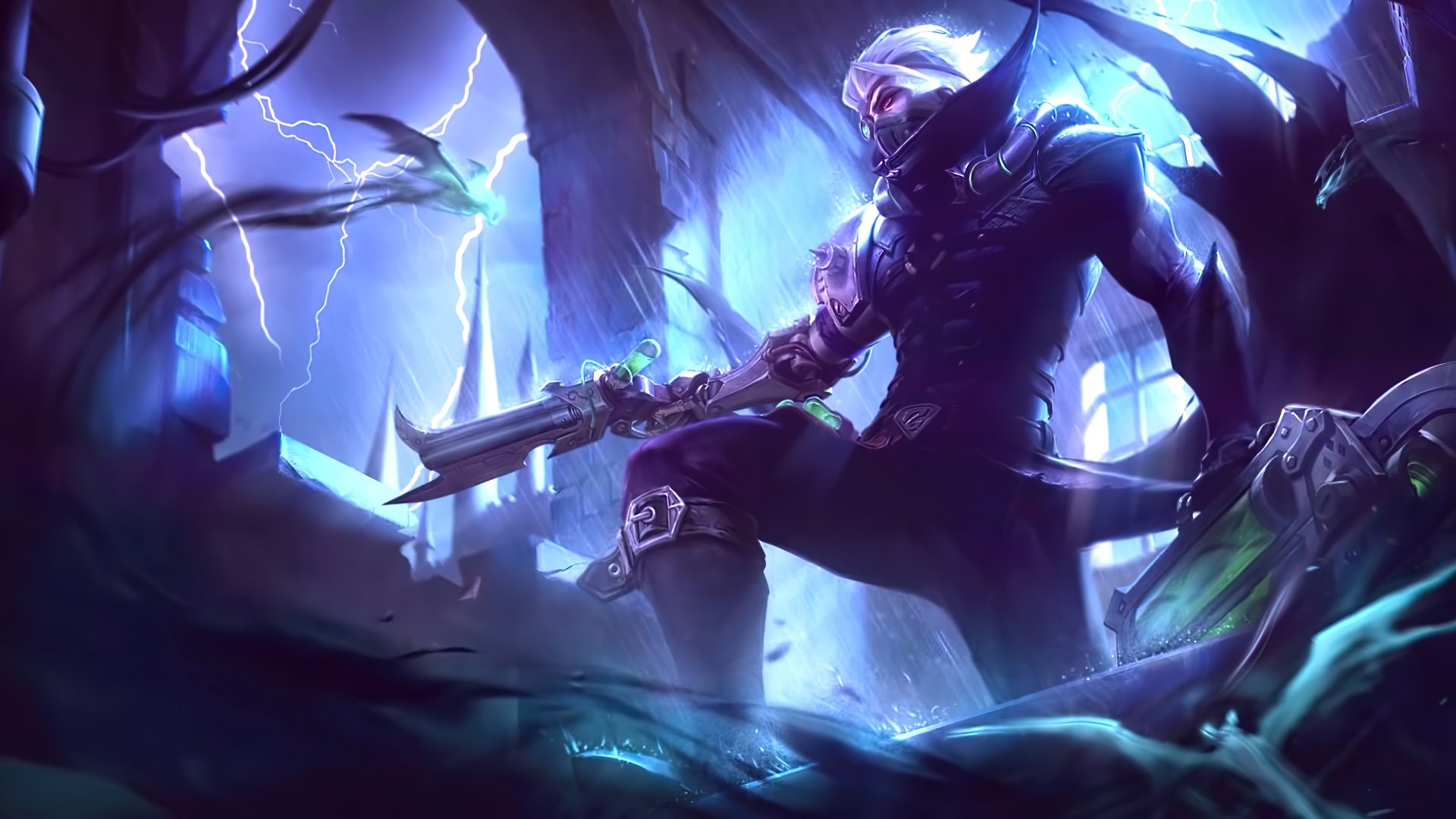 HD wallpaper of Granger from Mobile Legends: Bang Bang, poised in a mystical forest with a gun, featuring dynamic lighting and vibrant fantasy elements.