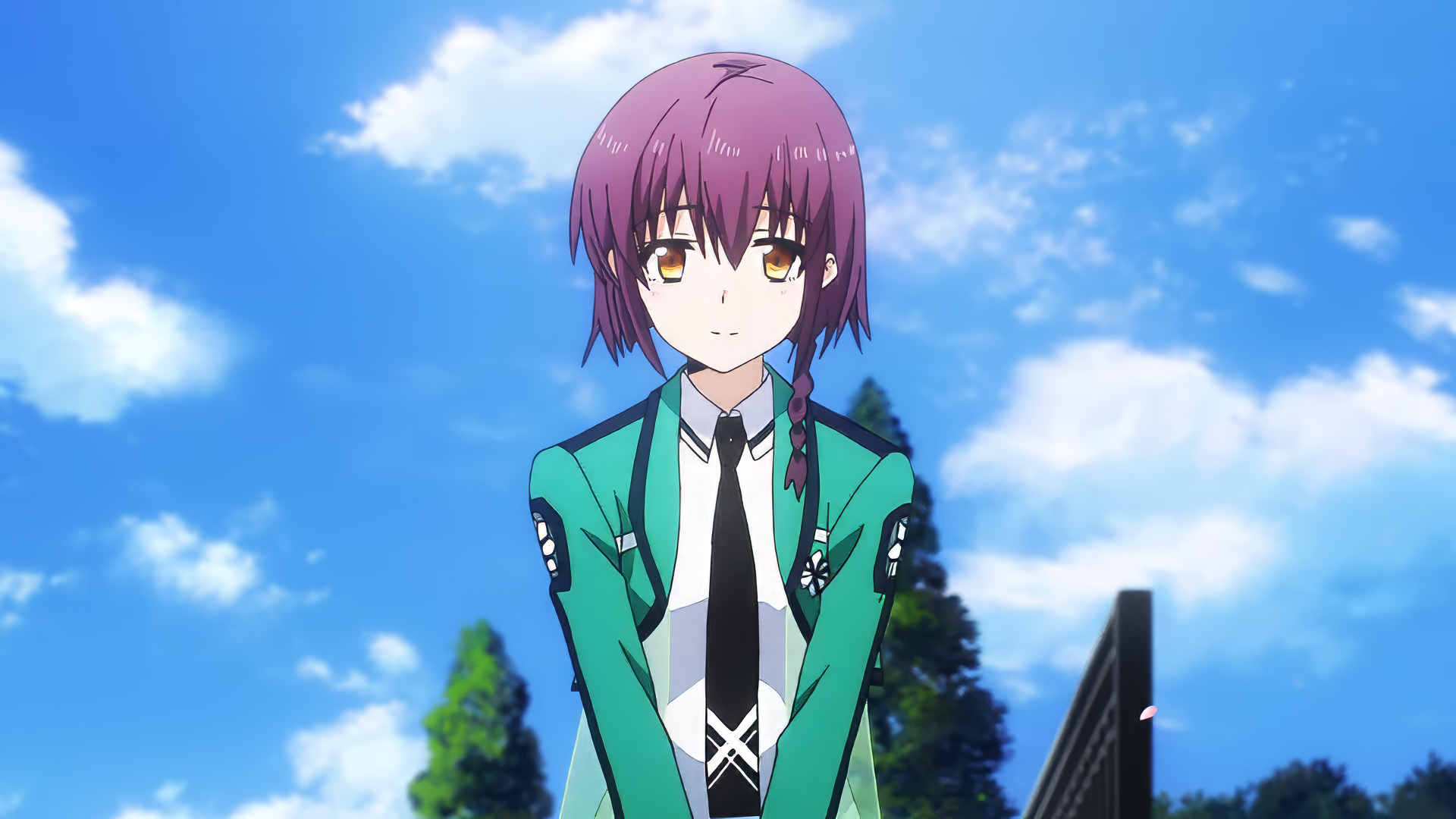 Anime character from The Irregular at Magic High School posing in HD desktop wallpaper with vibrant blue sky background.