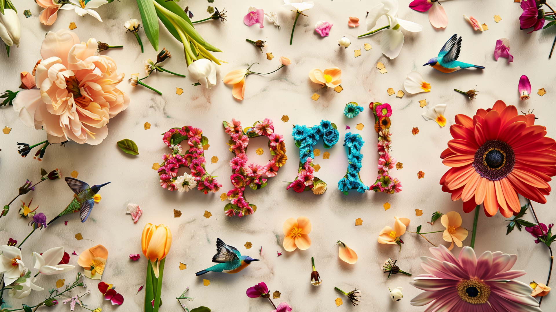 A vibrant HD wallpaper featuring the word April crafted from colorful flowers, surrounded by various spring blossoms and hummingbirds, capturing the essence of the season.