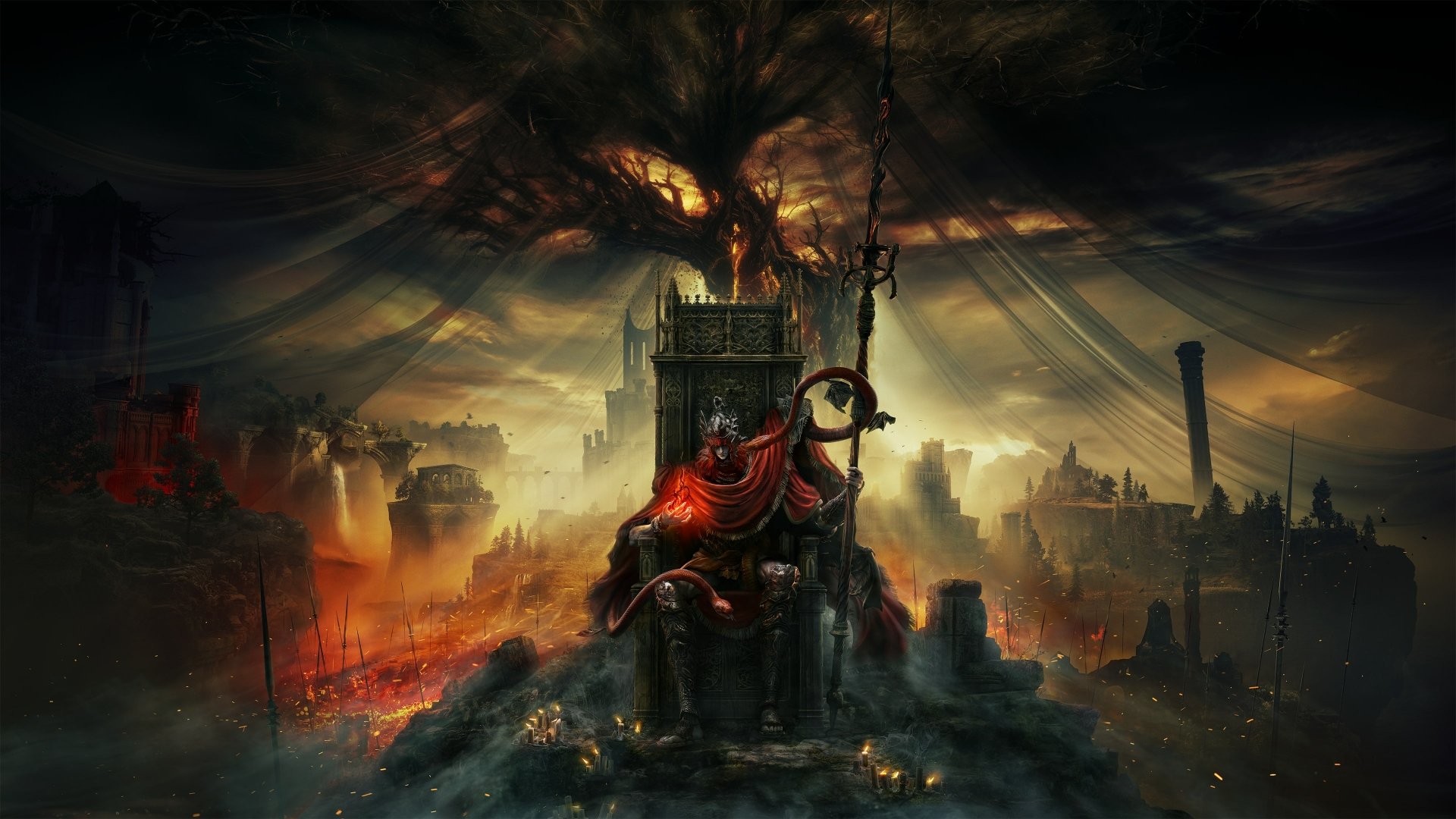 Messmer the Impaler from Elden Ring Shadow of the Erdtree, depicted in a dark, fiery landscape, 4K Ultra HD video game desktop wallpaper.