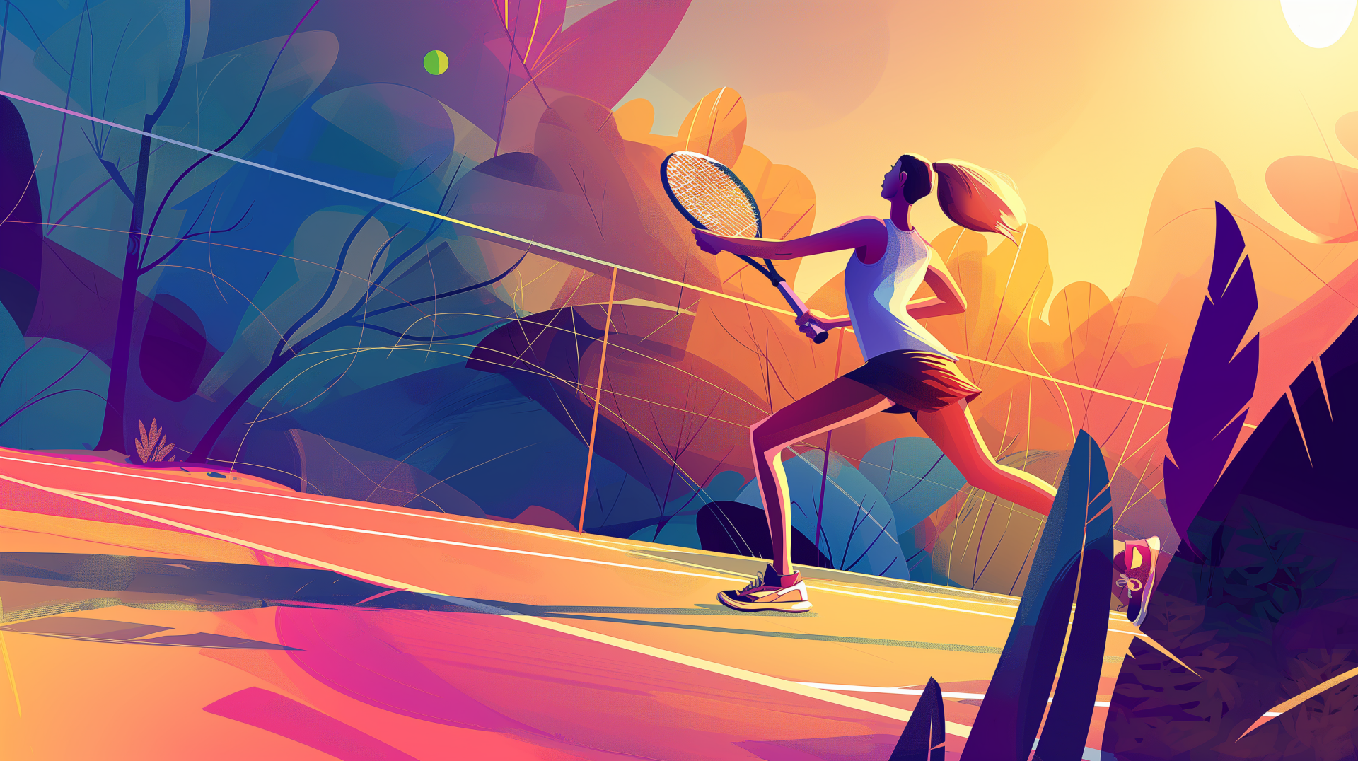 Colorful HD wallpaper featuring an animated character playing tennis on a vibrant court, with a focus on movement and exercise.