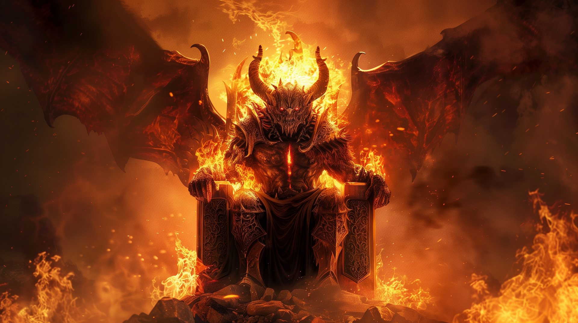 A fearsome demon sits on a fiery throne, surrounded by flames and smoke, embodying the essence of Diablo in this striking HD wallpaper and background.