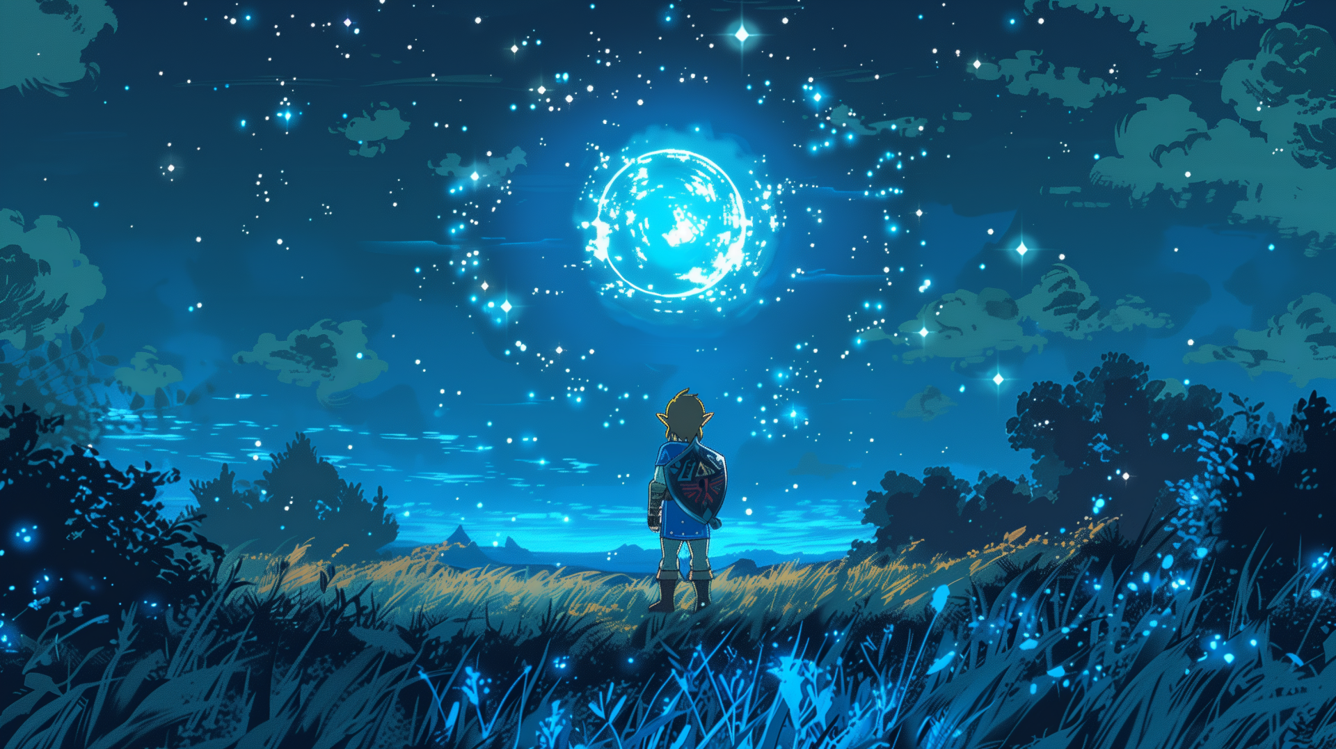 HD PC wallpaper featuring Link from The Legend of Zelda standing in a glowing field beneath a bright, starry moon, rendered in detailed AI art style.
