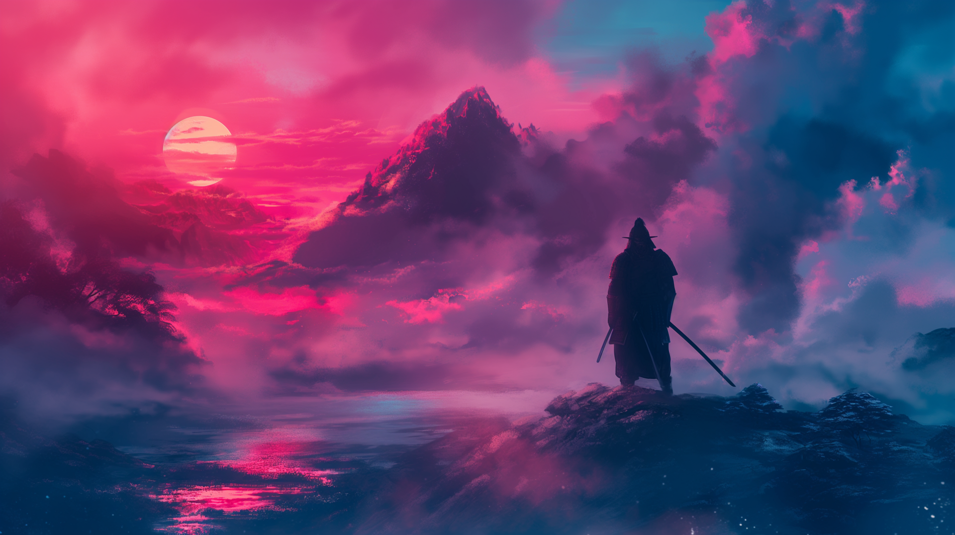 HD PC desktop wallpaper depicting a lone samurai standing against a dramatic pink and blue sky at sunset, created with AI art inspired by Japan.