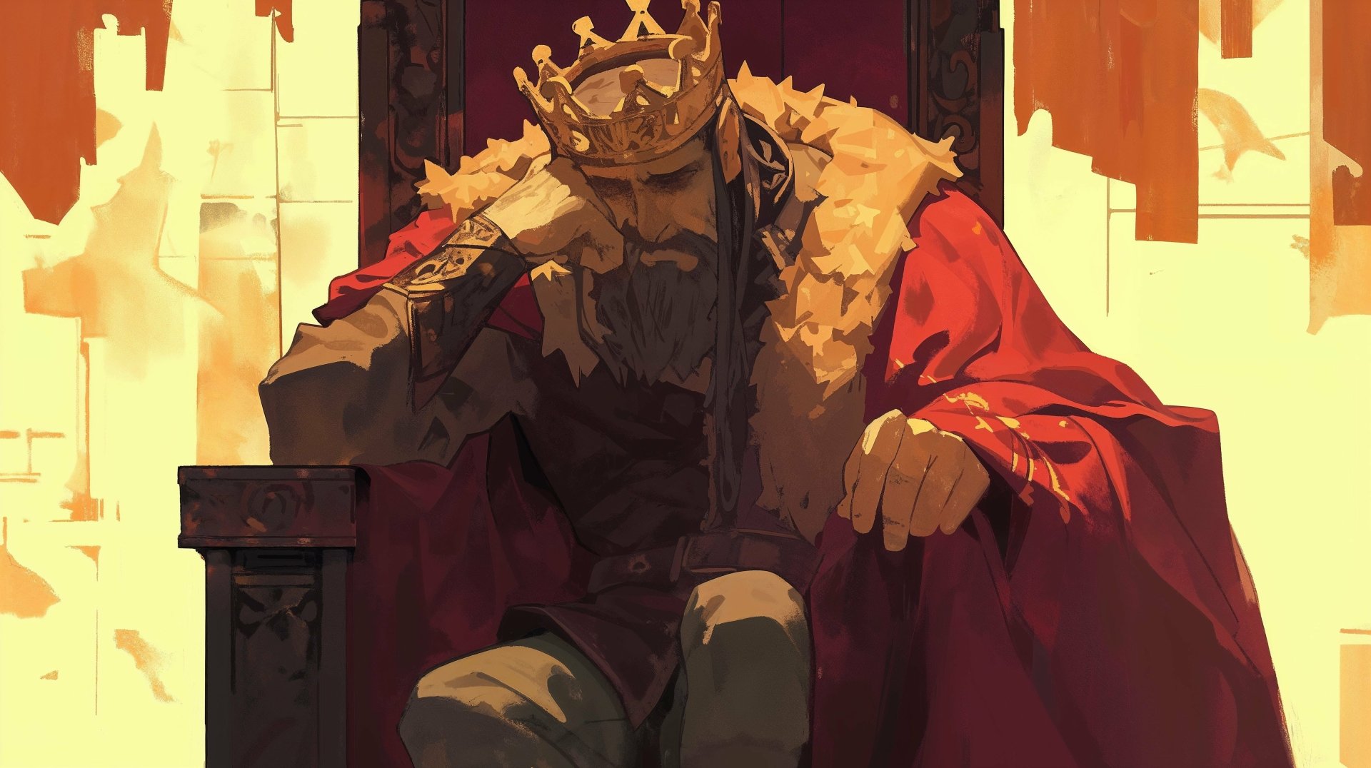HD wallpaper of a somber king sitting on his throne, projecting a mood of sadness.