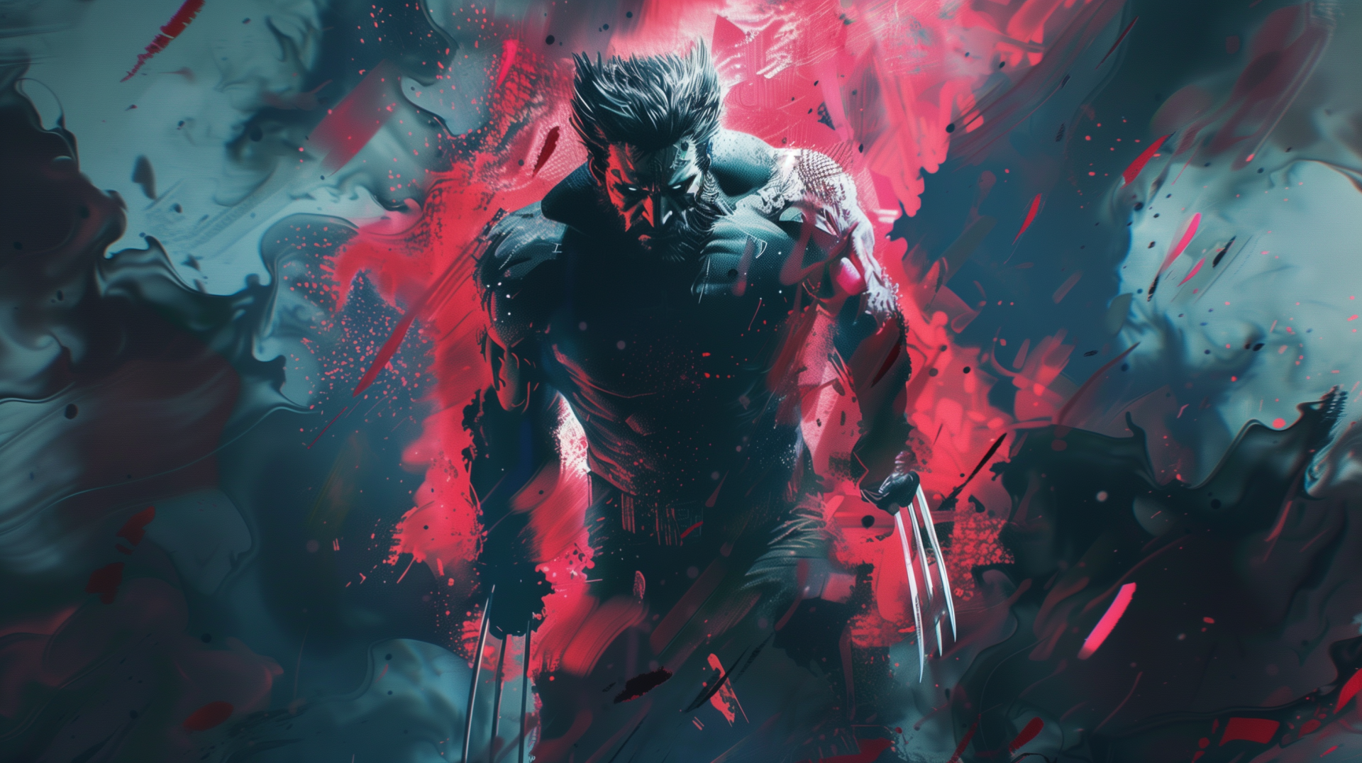 HD wallpaper featuring an intense depiction of Marvel Comics character Wolverine in a dynamic pose with his signature claws extended amidst a dramatic red and blue background.