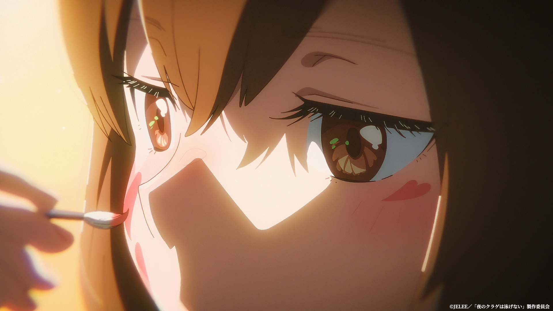 Close-up HD wallpaper featuring an anime character with brown hair and detailed, expressive eyes, with light reflecting in them. The setting evokes a dramatic or emotional mood, hinting at the title Jellyfish Can’t Swim in the Night.