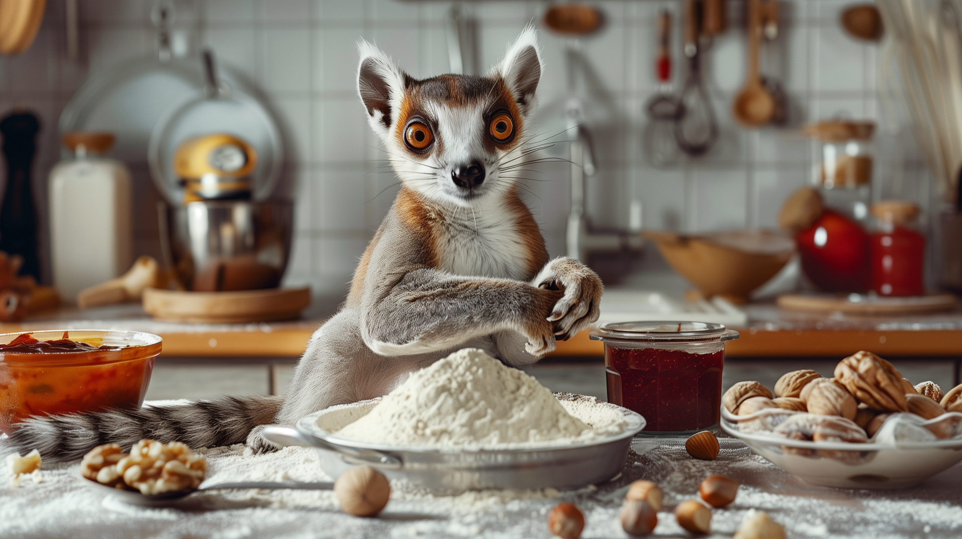 A whimsical HD desktop wallpaper featuring a lemur in a kitchen surrounded by cooking ingredients like flour, jam, and walnuts.
