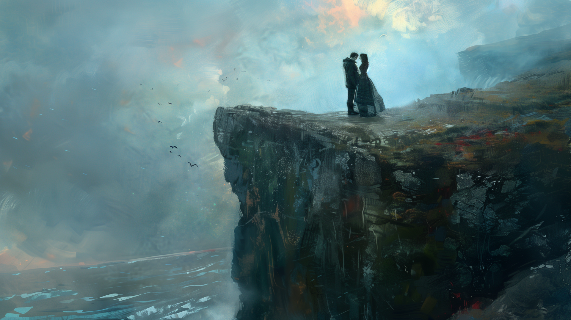 A couple stands close together on the edge of a cliff overlooking a fog-covered ocean, with a dramatic sky above, in a high-definition desktop wallpaper.