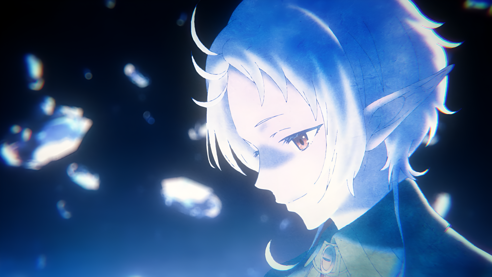 4K Ultra HD anime wallpaper featuring Sylphiette from Mushoku Tensei: Jobless Reincarnation in a glowing, ethereal blue light with a serene expression.