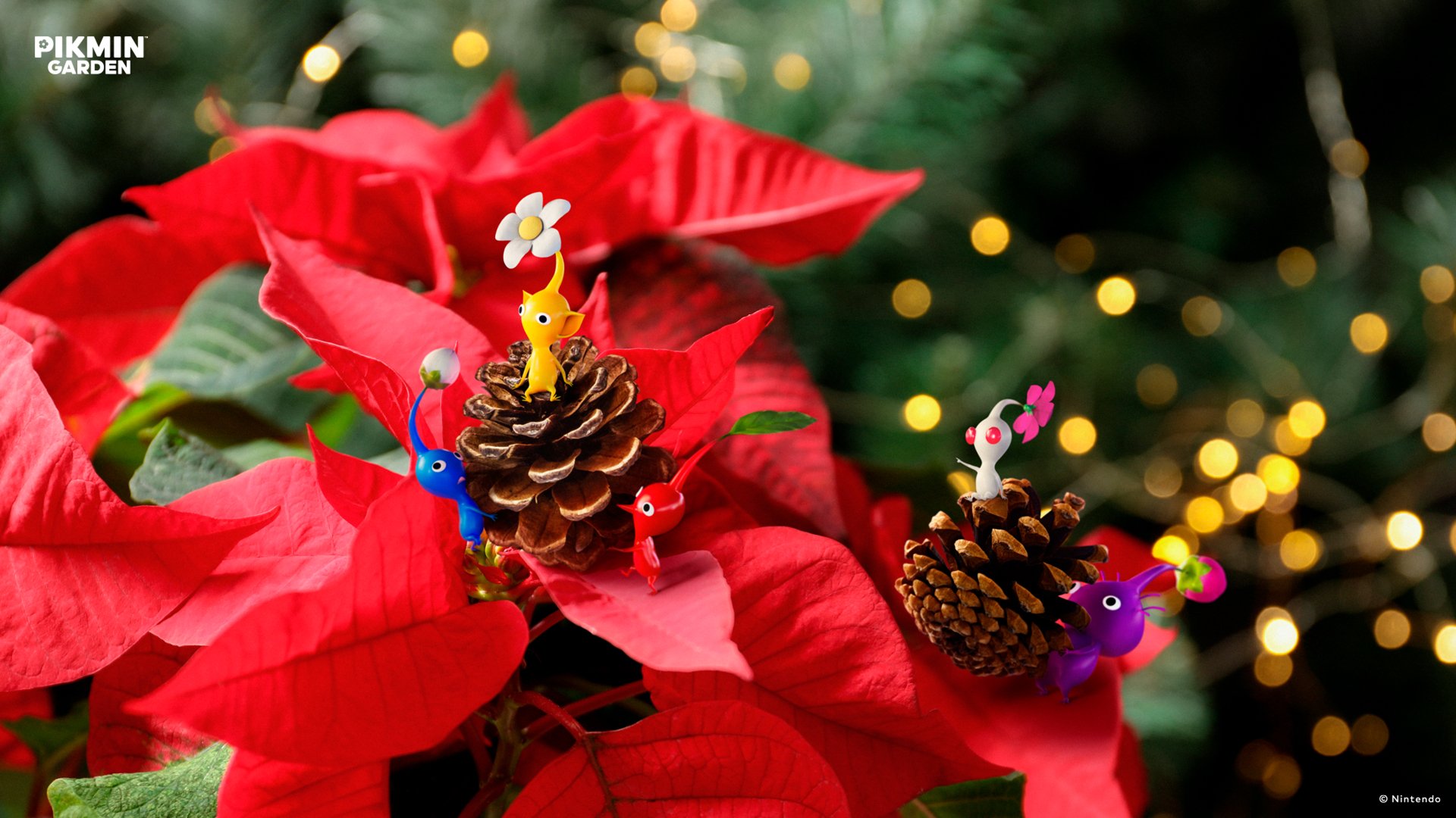 Colorful Pikmin characters gather on pinecones amid vibrant red poinsettia leaves, captured in a detailed 4K Ultra HD PC desktop wallpaper.