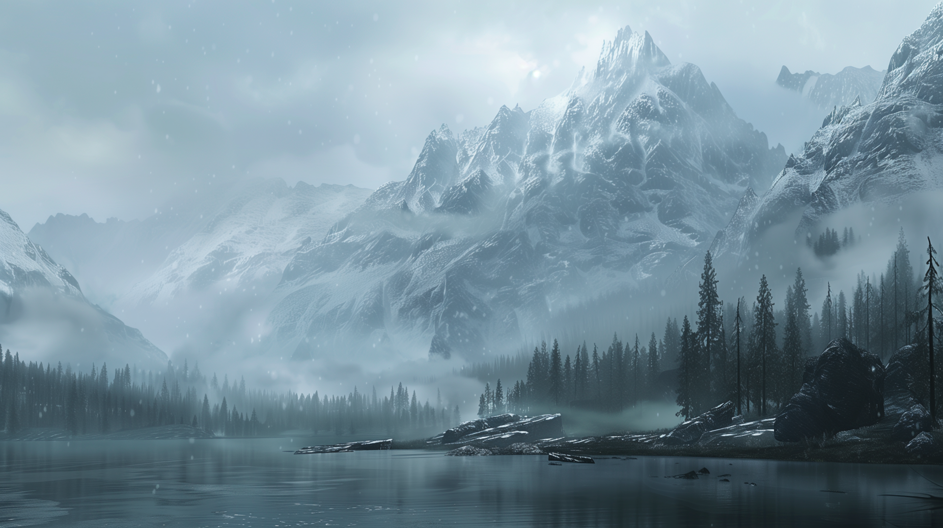 HD desktop wallpaper featuring the snowy landscape of Skyrim from the video game, with majestic mountains, a tranquil river, and a serene pine forest under a hazy sky.