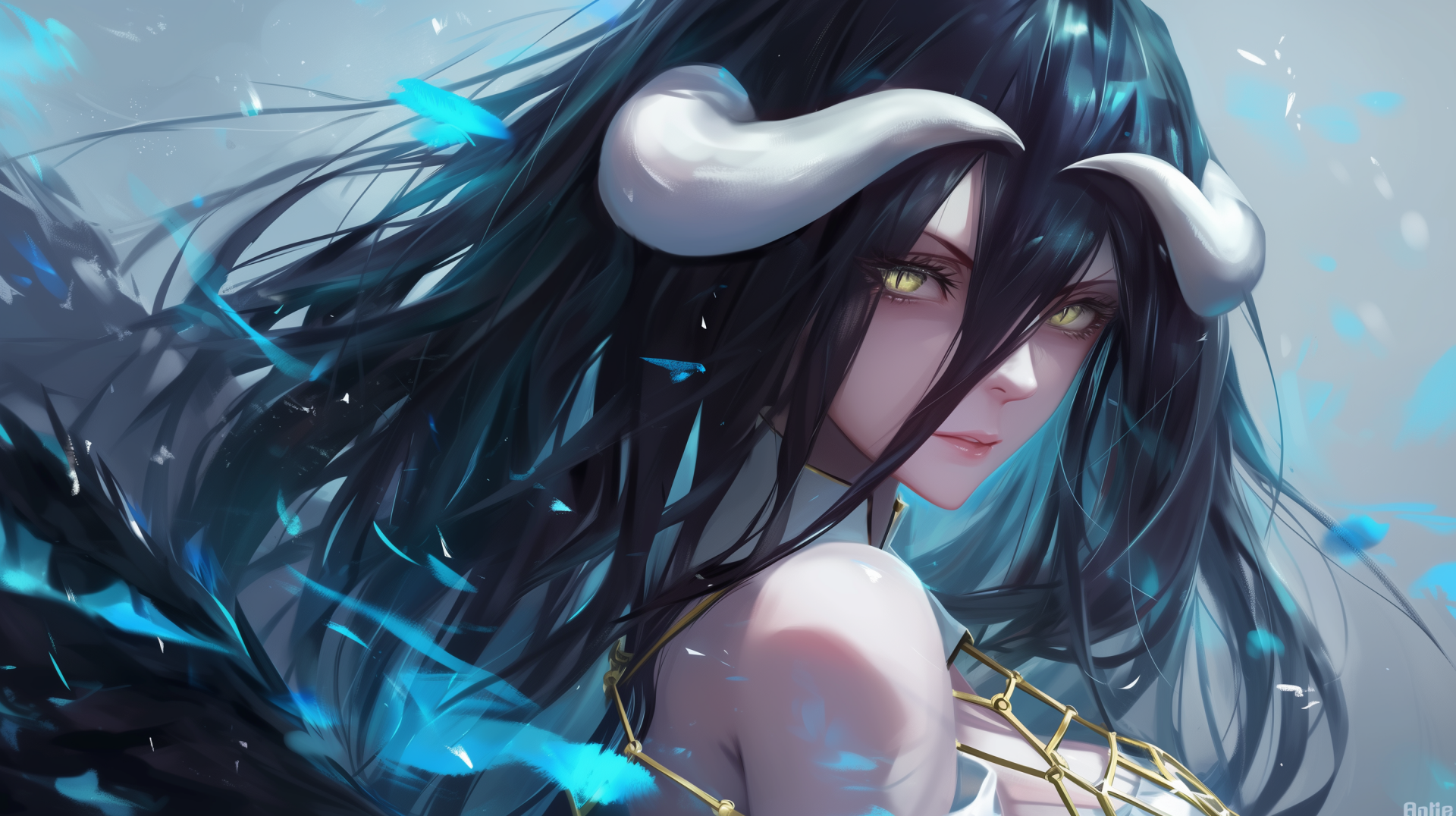 HD wallpaper featuring an artistic depiction of Albedo from the anime Overlord, with flowing dark hair, horns, and golden adornments, set against a soft blue background.