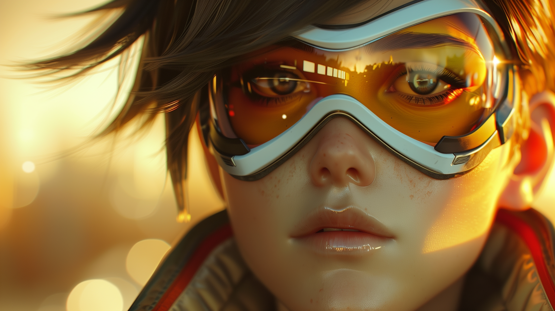 HD desktop wallpaper featuring Tracer from the video game Overwatch, with a close-up of her face showing her characteristic goggles reflecting a fiery scene.