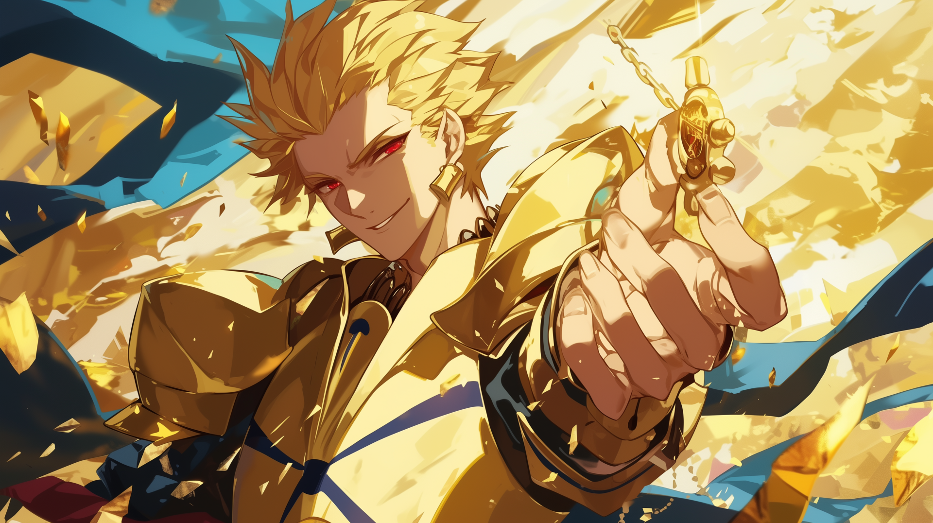HD wallpaper featuring Gilgamesh from the Fate/Stay Night series, showcasing his striking golden armor and confident pose against a backdrop of vibrant colors.