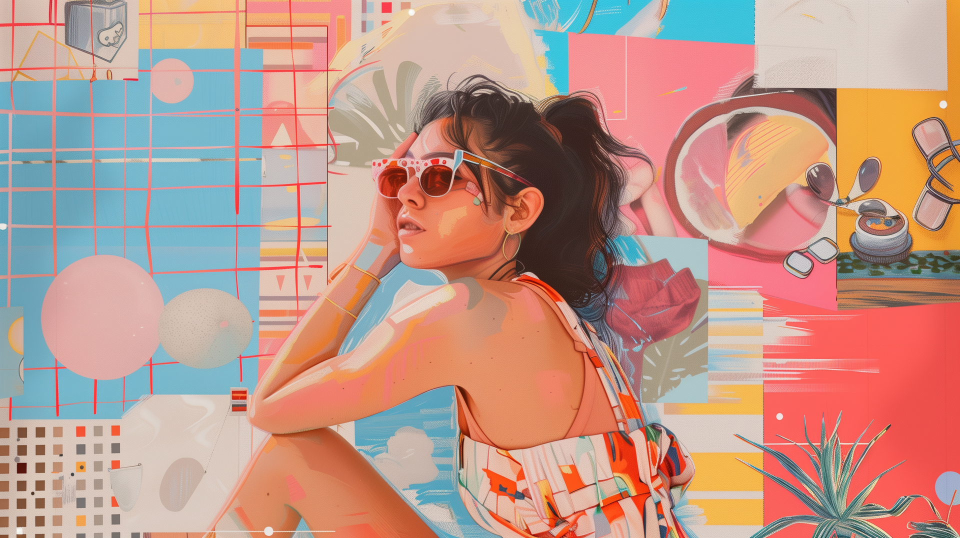 HD desktop wallpaper featuring a Y2K preppy aesthetic collage with a stylish person wearing sunglasses and a patterned outfit, integrated into a vibrant background with abstract and retro elements.