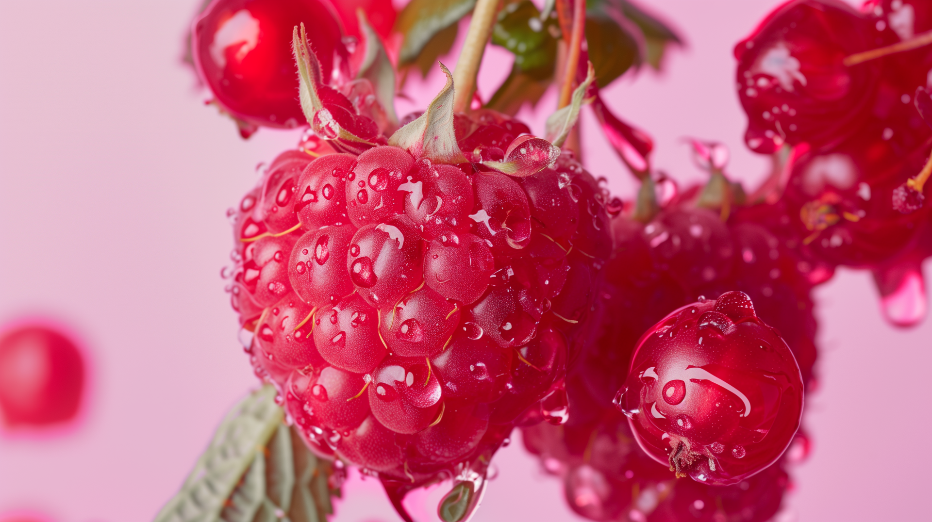 HD wallpaper featuring a close-up of dew-covered berries against a pink background.
