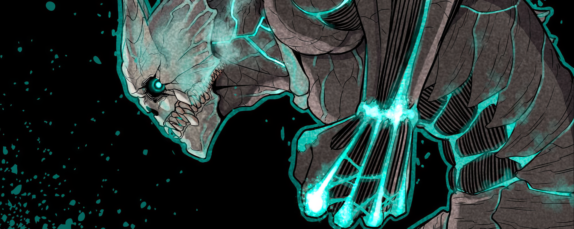 HD anime-style wallpaper featuring Kafka Hibino from Kaiju No. 8 with prominent monster features and glowing blue accents against a dark background.