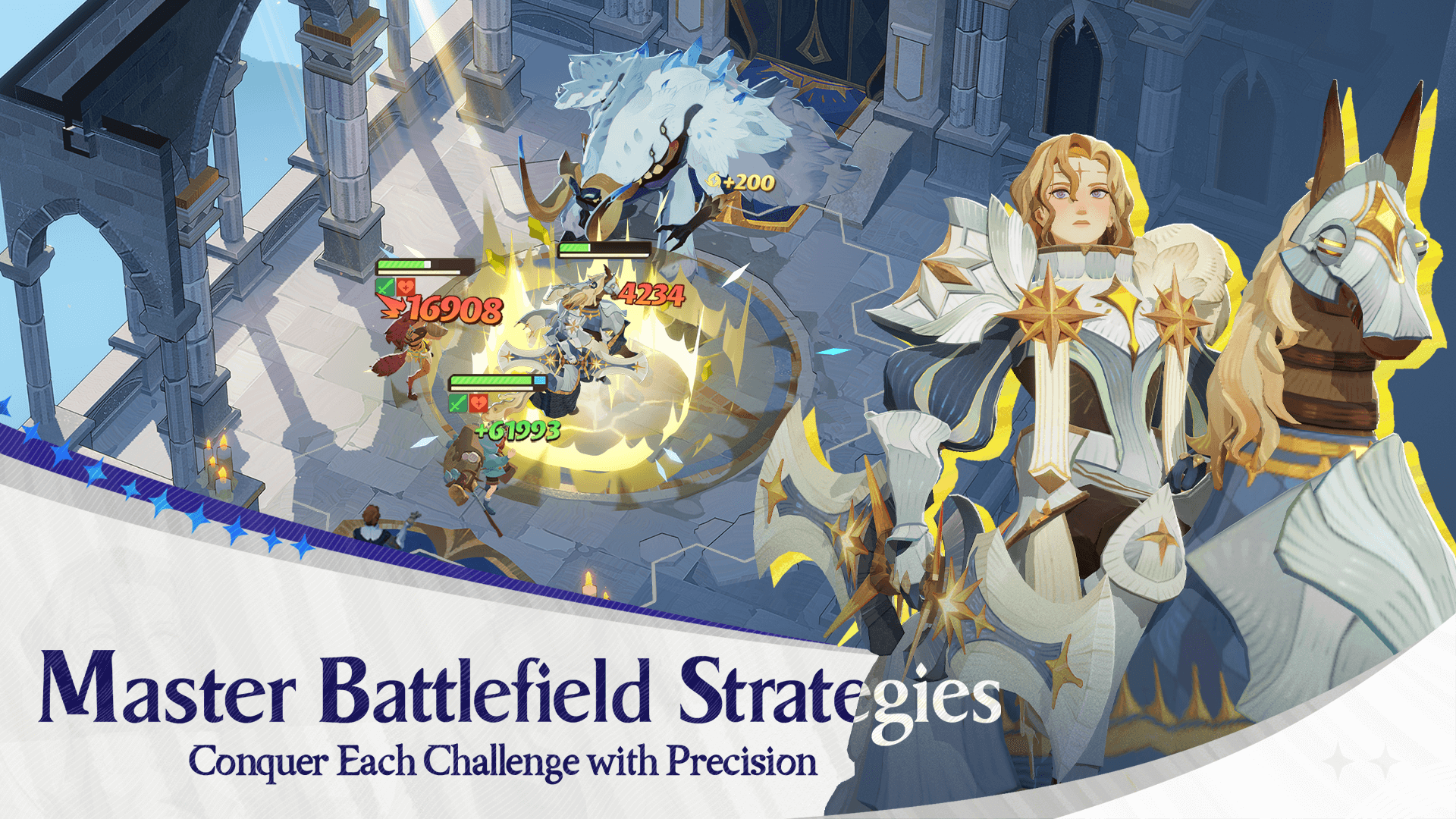 HD desktop wallpaper from the video game AFK Journey depicting animated characters engaged in a vibrant battle scene, with a slogan Master Battlefield Strategies - Conquer Each Challenge with Precision displayed at the bottom.