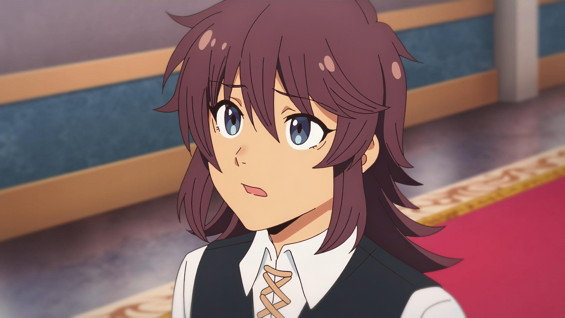 HD anime wallpaper featuring a character from Chillin' in Another World with Level 2 Super Cheat Powers with a thoughtful expression, set against a softly focused interior background.