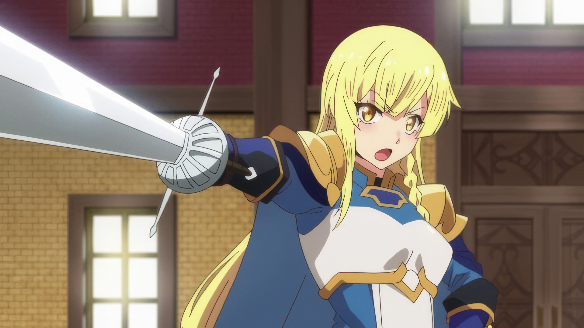 HD Anime wallpaper featuring a blonde-haired knight from Chillin' in Another World with Level 2 Super Cheat Powers, wielding a sword with a determined expression in a stately building setting.