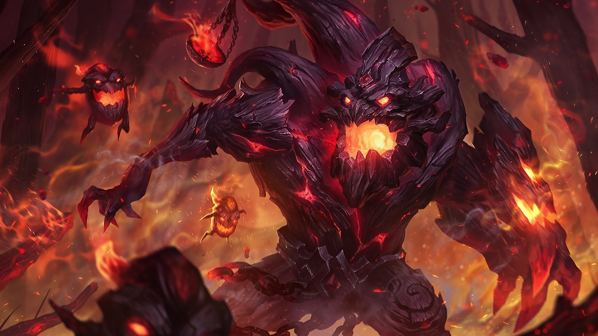 HD desktop wallpaper featuring Maokai from League of Legends, depicted as a monstrous, fiery, tree-like creature in a dynamic and intense battle scene.