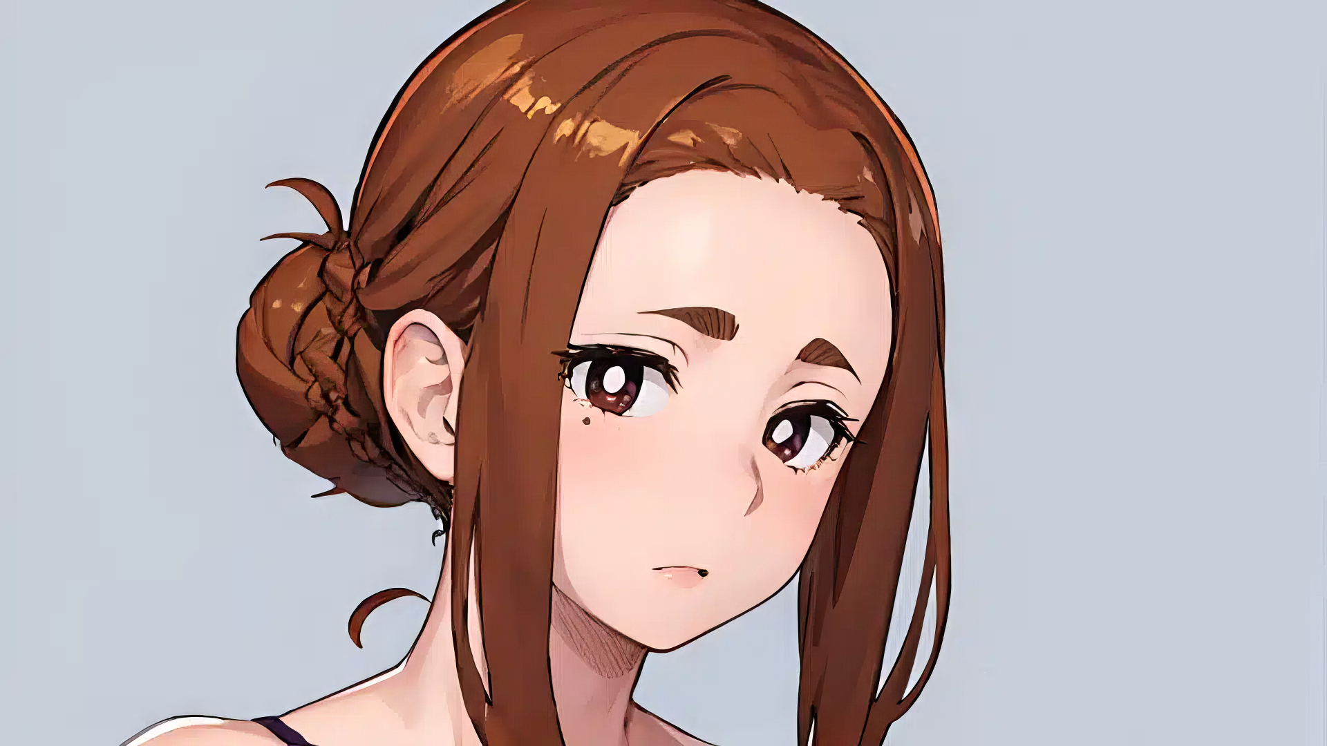 HD anime-style wallpaper featuring the character Sumireko Ogawa, depicted with detailed brown hair and expressive brown eyes, giving an impression of mystery related to disappearances. The background is simple, highlighting the character.
