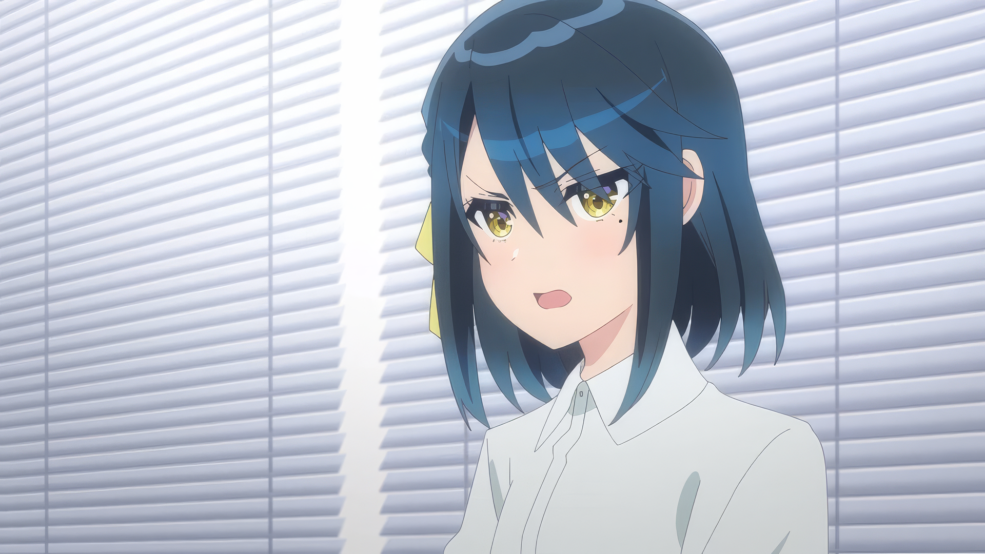 HD wallpaper featuring an anime character from The Many Sides of Voice Actor Radio, set against blinds in the background.