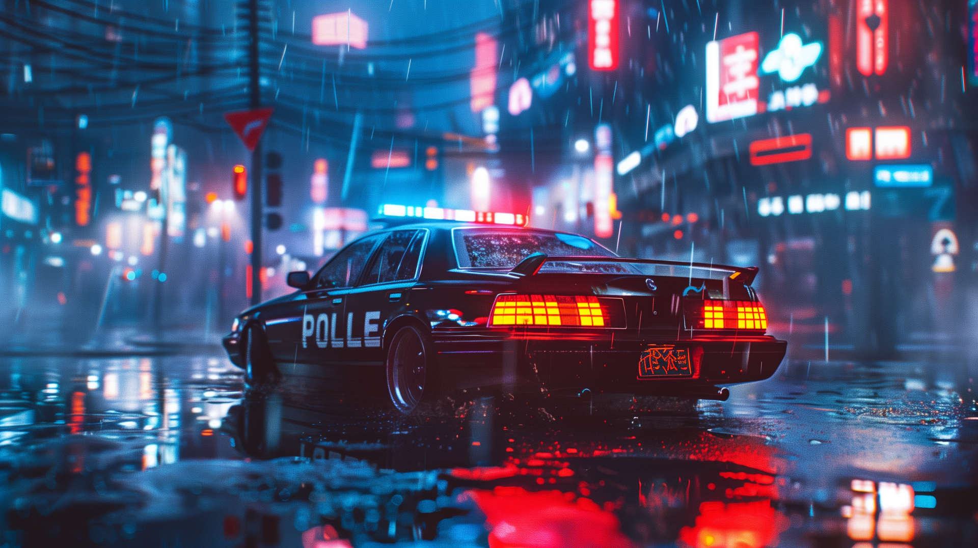 HD desktop wallpaper featuring a police car with lights on parked on a wet city street under a rain shower, reflecting neon lights from surrounding signage at night.