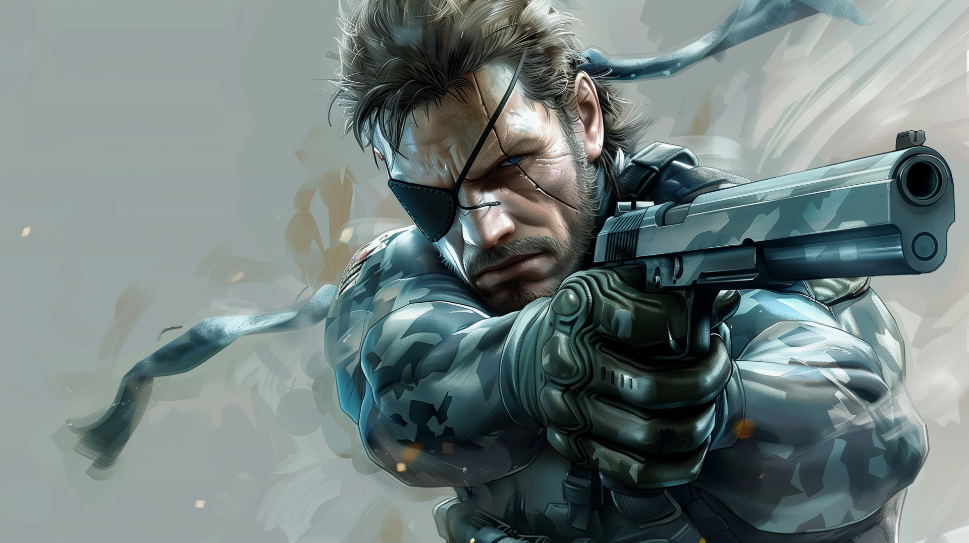 HD desktop wallpaper featuring the video game character Solid Snake from Metal Gear Solid, aiming a gun with an intense expression on his face, set against a stylized background.