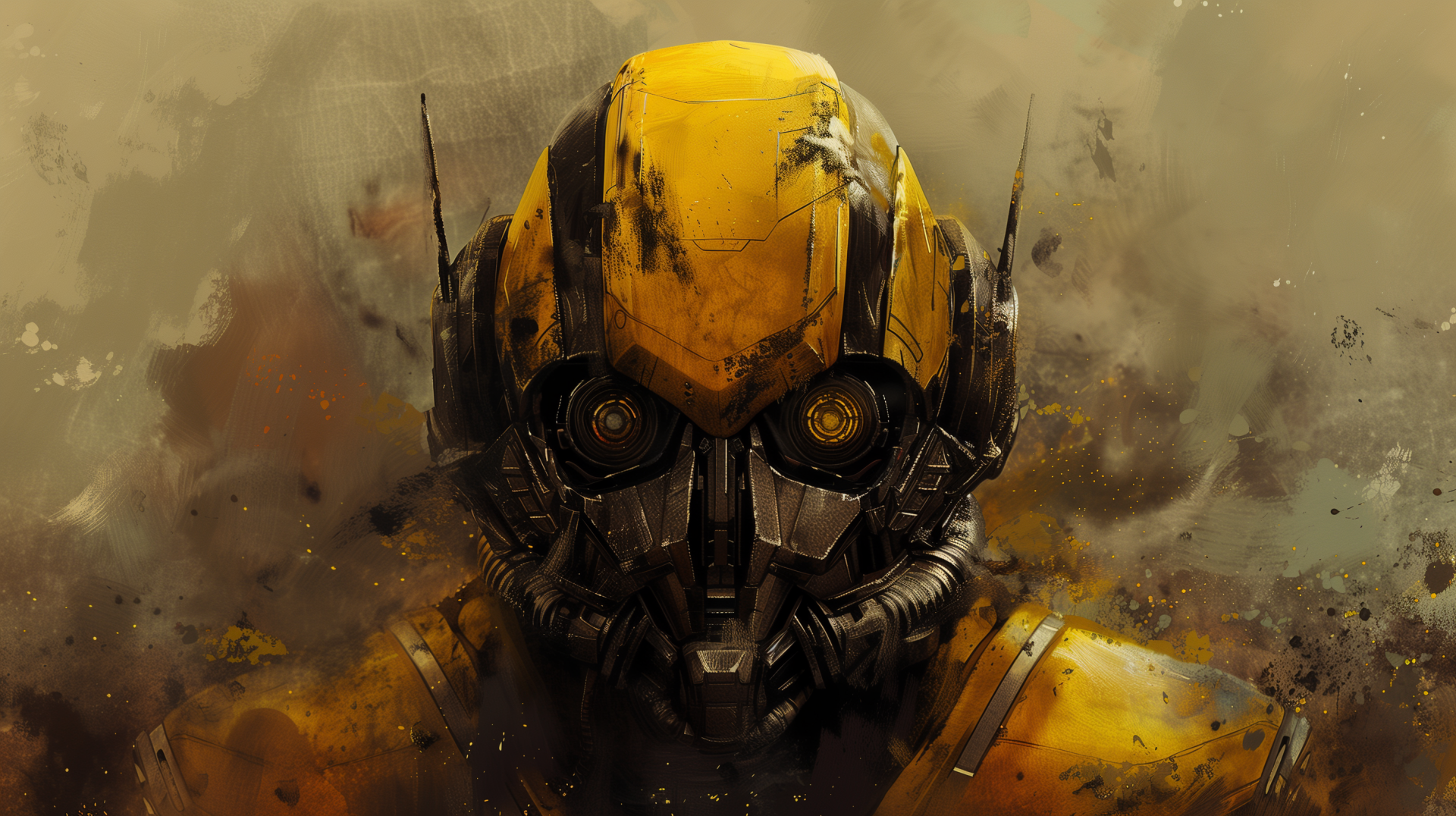 HD wallpaper of Bumblebee's head from the Transformers movie, with a grunge artistic background.