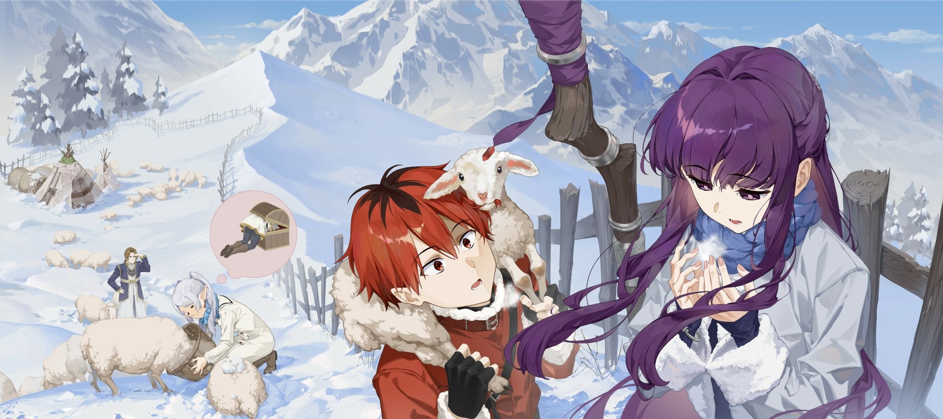 Anime scene from Frieren: Beyond Journey's End featuring Stark holding a lamb and Frieren looking on, set against a snowy mountain backdrop, in 4K Ultra HD.