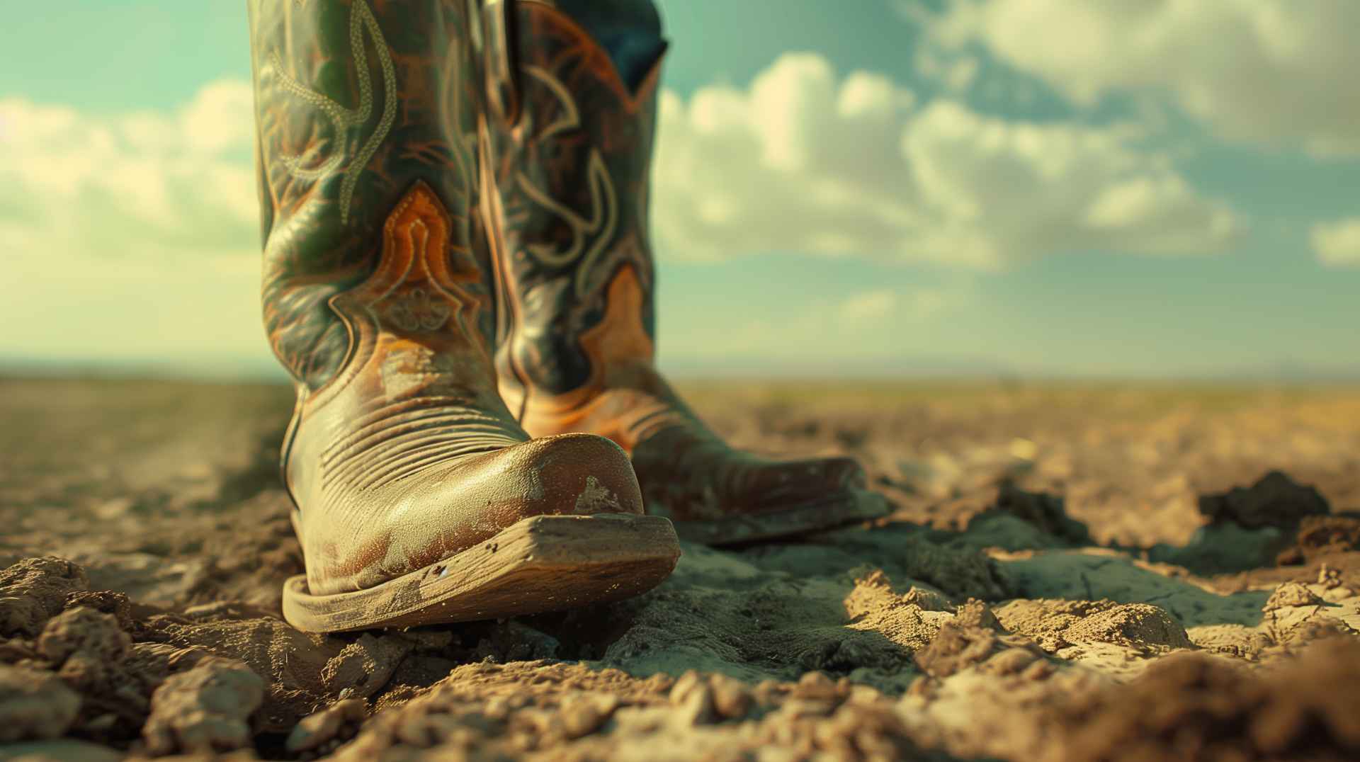 HD wallpaper featuring a close-up of dusty cowboy boots on cracked ground, under a clear blue sky.