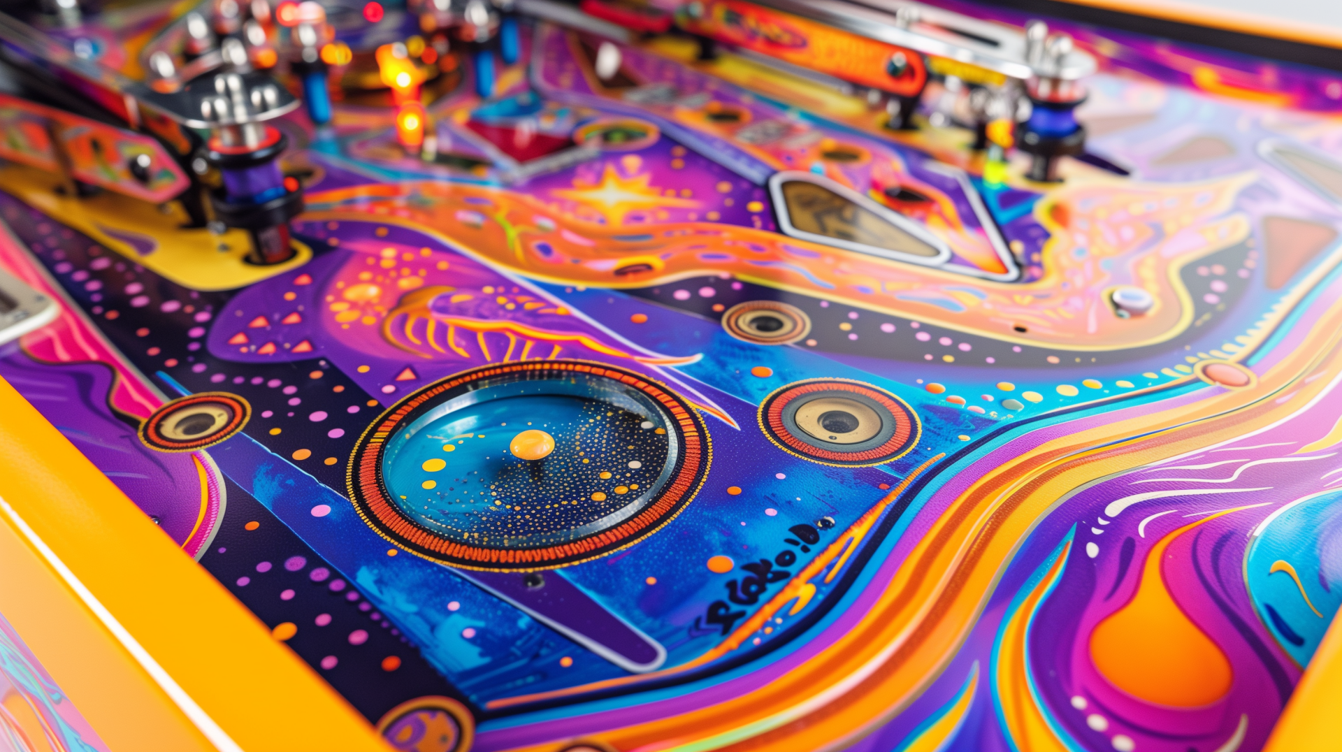 HD desktop wallpaper featuring a colorful close-up of a pinball machine playfield with vibrant artwork and illuminated bumpers.