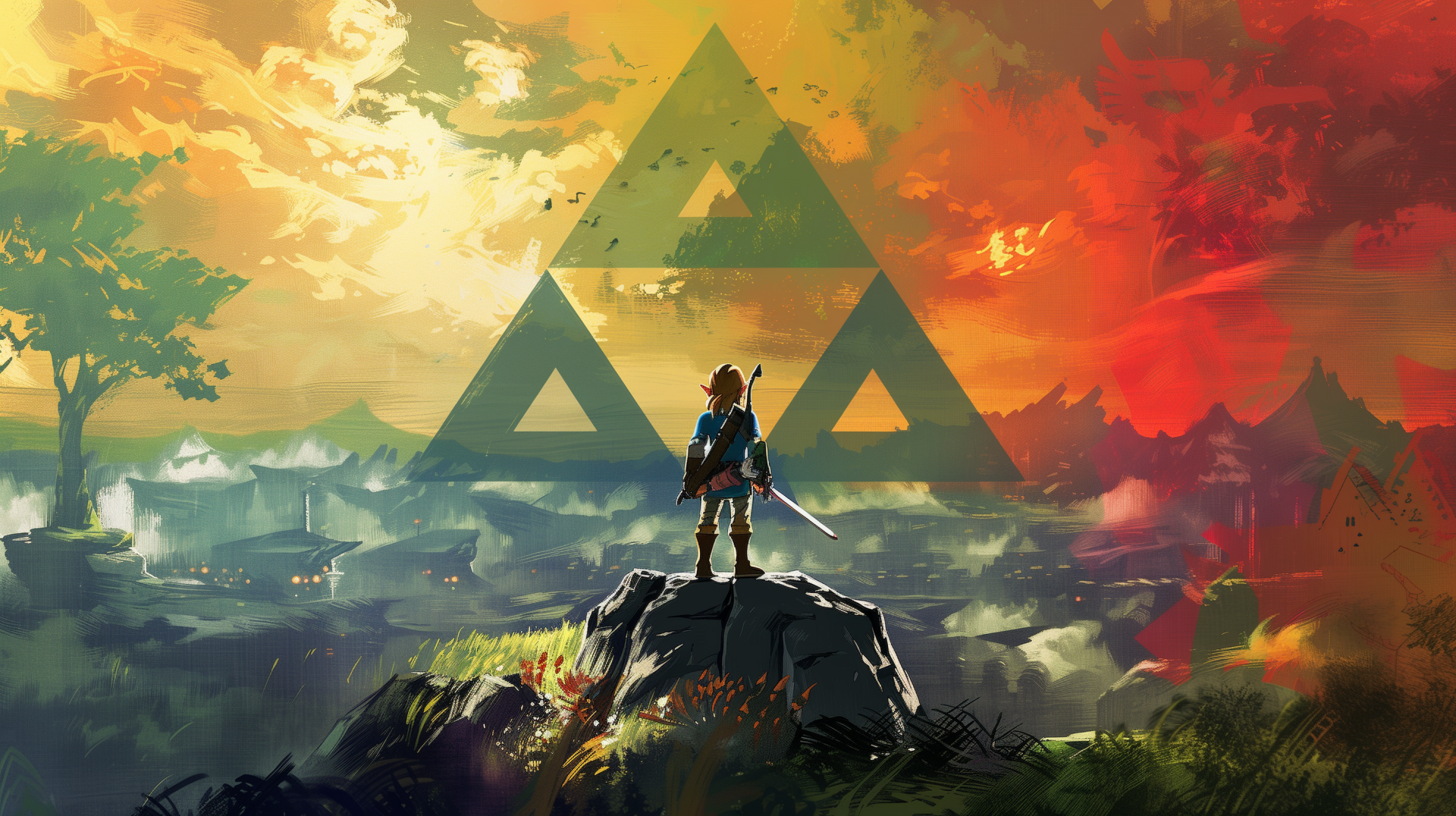 HD wallpaper featuring the character Link from The Legend of Zelda, standing on a rock, sword in hand, with the iconic Triforce symbol glowing in the sky above a stylized landscape.