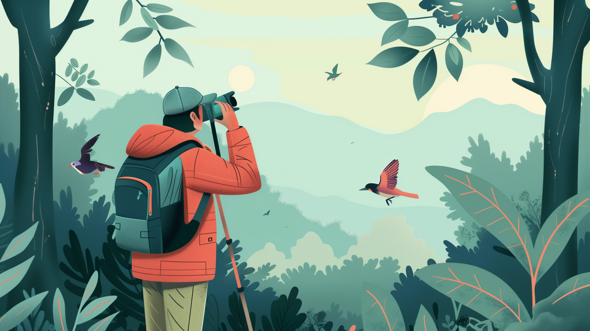An illustrated HD desktop wallpaper featuring a person with binoculars birdwatching in a lush green forest with birds flying in the serene sky.